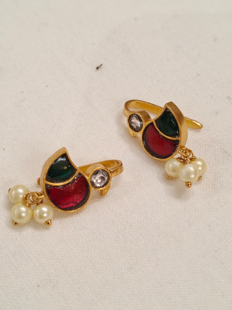 Little Birds silver ear clip ons / hooks in Pink and green stones with small pearl drops