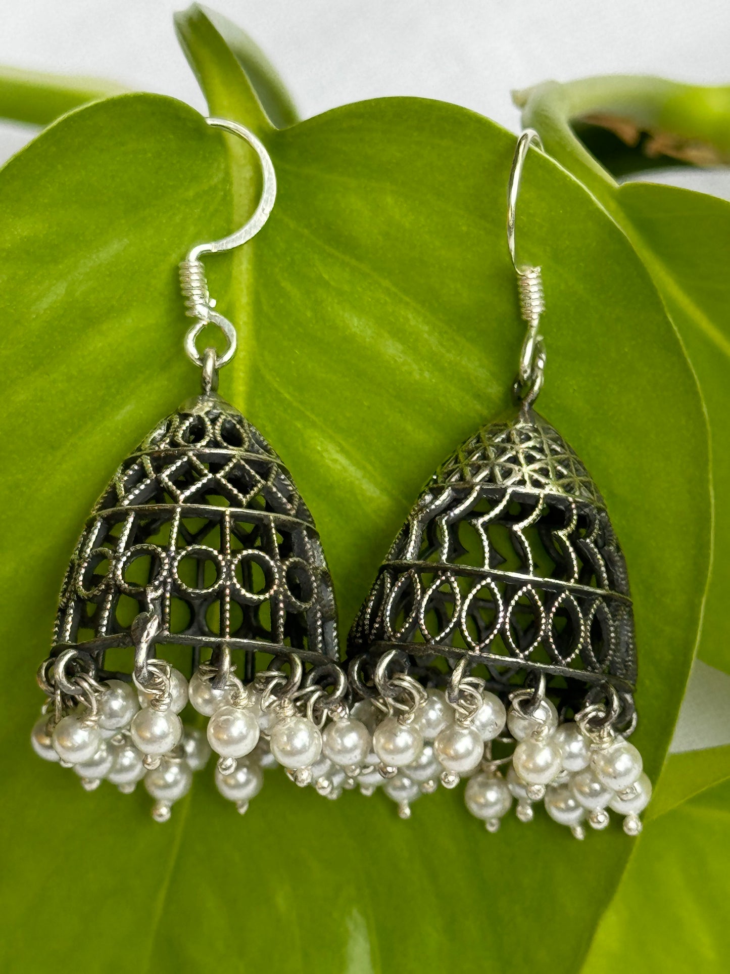 Conical shape 92.5 sterling silver jhumka hooks with pearl drops