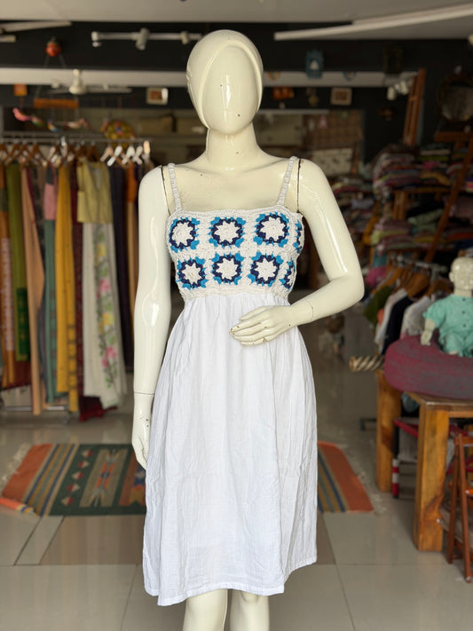White crochet frock with granny squares yoke for teen girls / adults - adjustable back