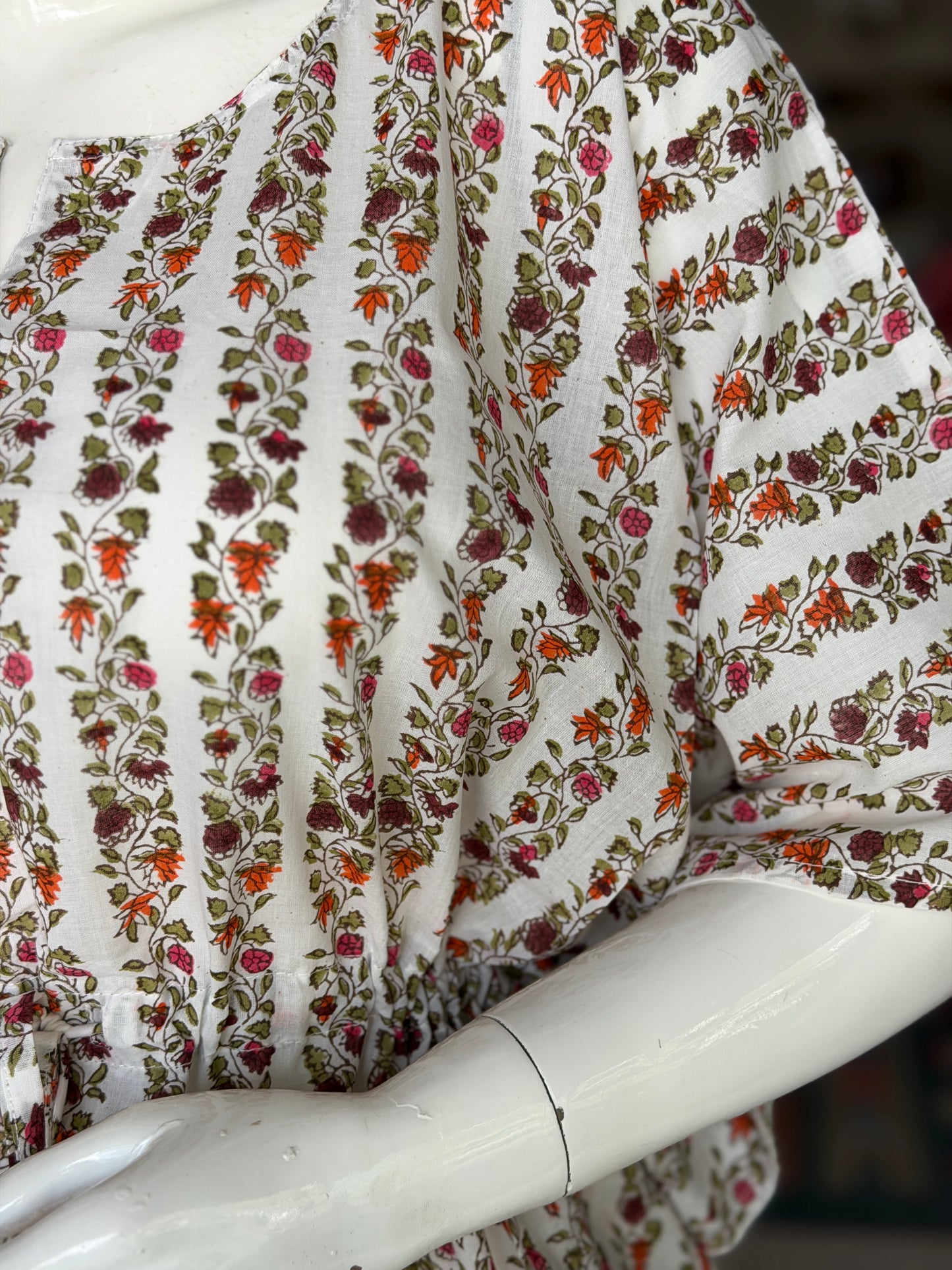 White floral stripes Kaftan top in cotton hand block prints and plain cotton pants - 2 piece set