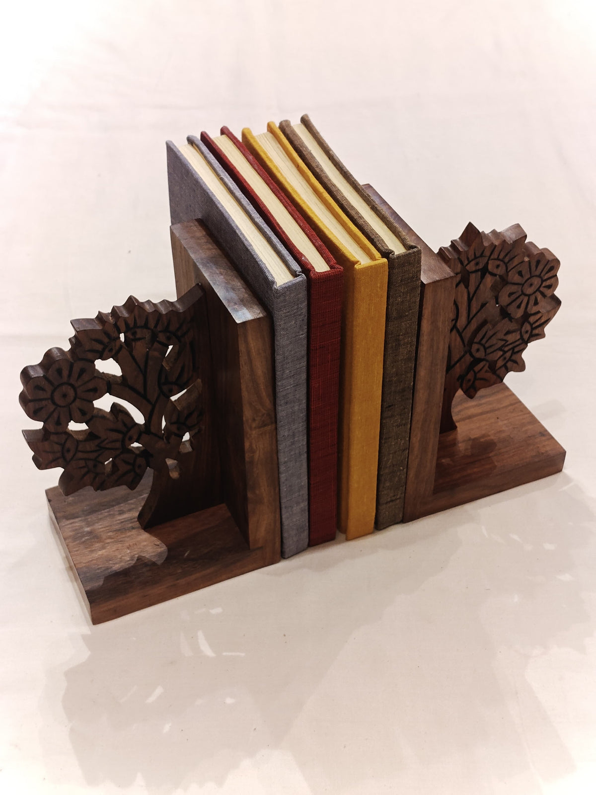 Wooden tree shaped handcrafted bookends pair