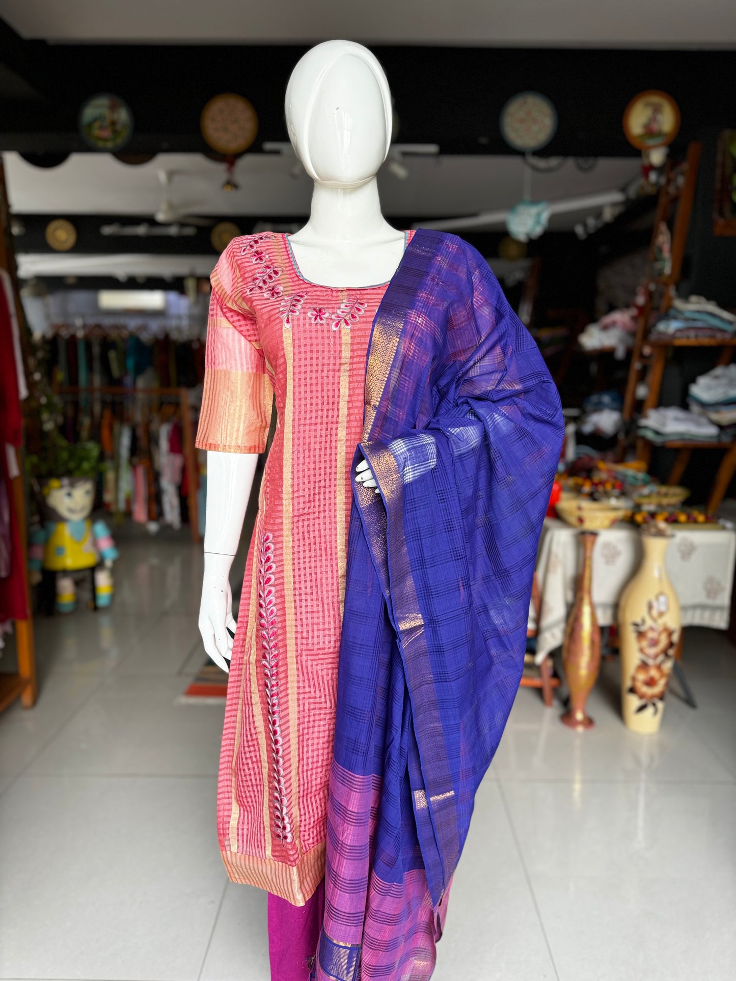 Blue and pink cotton handloom Mangalagiri missing checks dupatta with Zari border