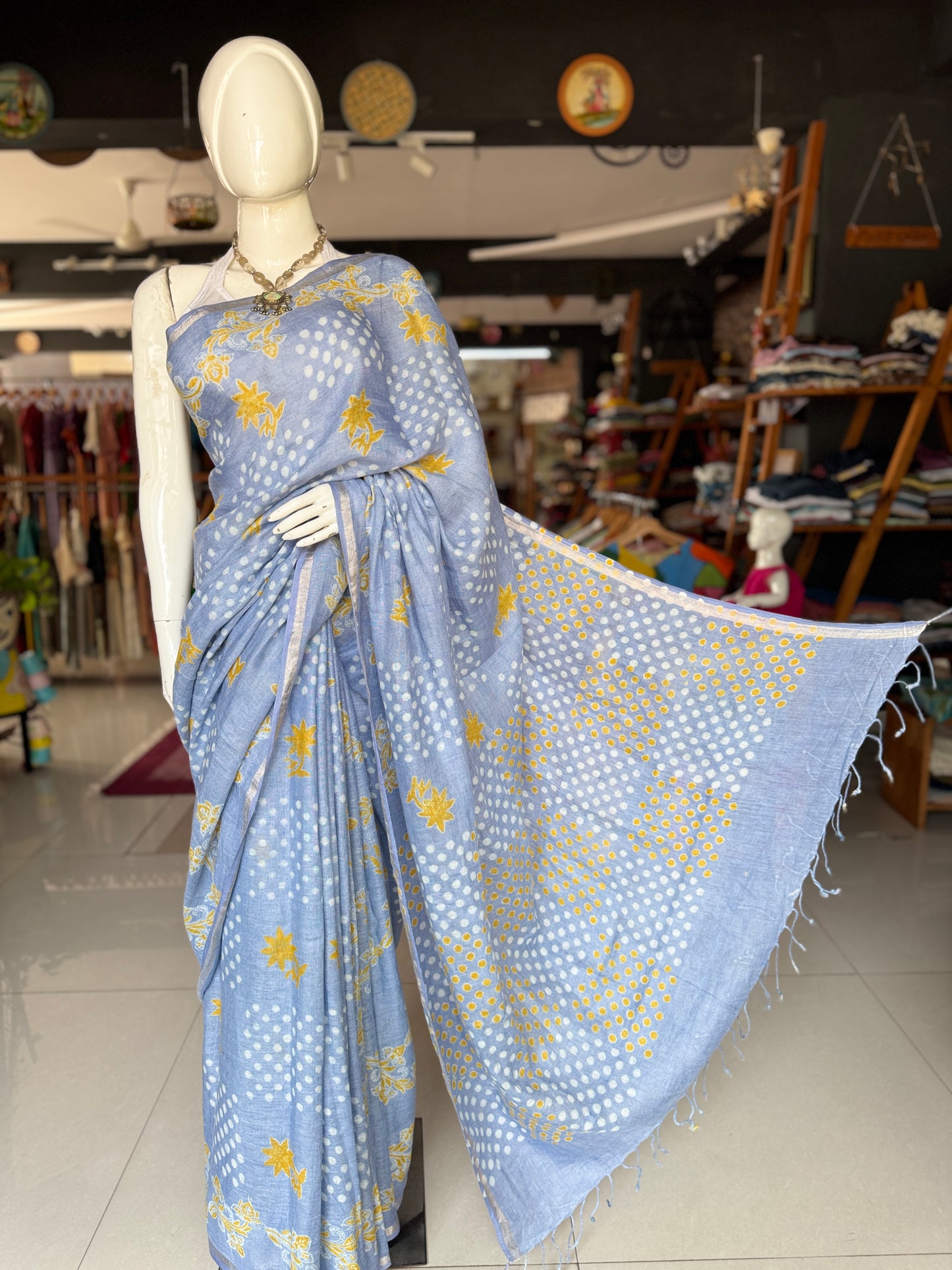 Pastel blue dots n flowers hand block printed linen saree