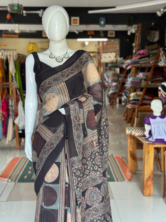 Black stripes and circles design Ajrakh hand block printed soft mul cotton saree