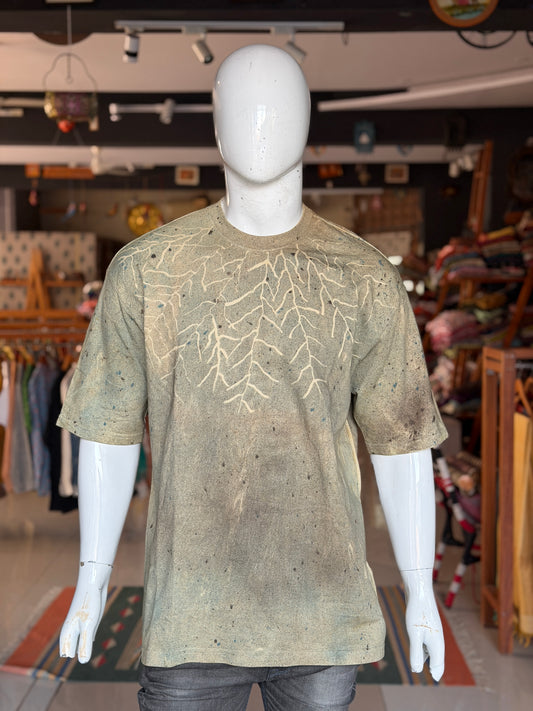 Dull green Ajrakh hand block printed, natural dyed, unisex cotton t-shirt