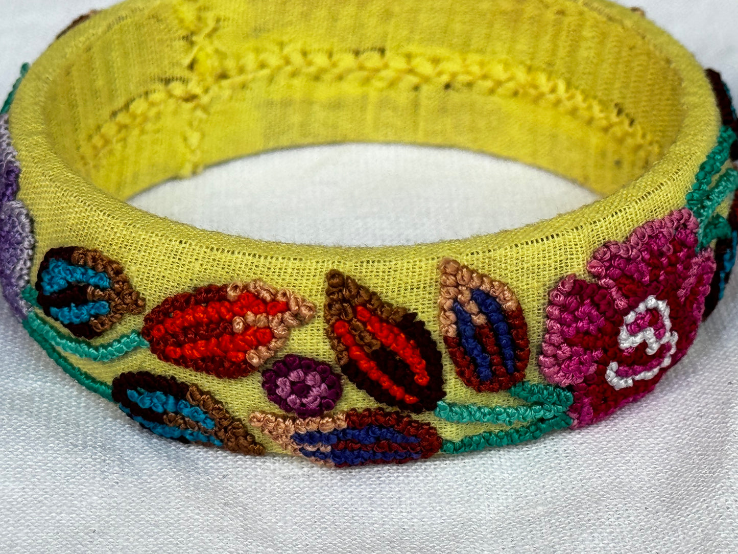 Yellow french knot floral hand embroidered bangle - single