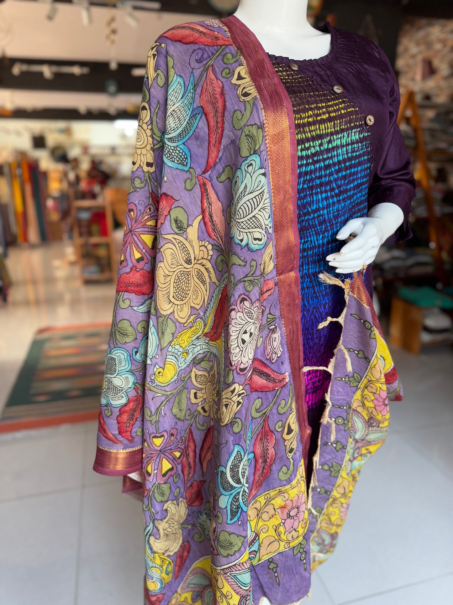 Bangalore Silk hand painted floral pen Kalamkari dupatta