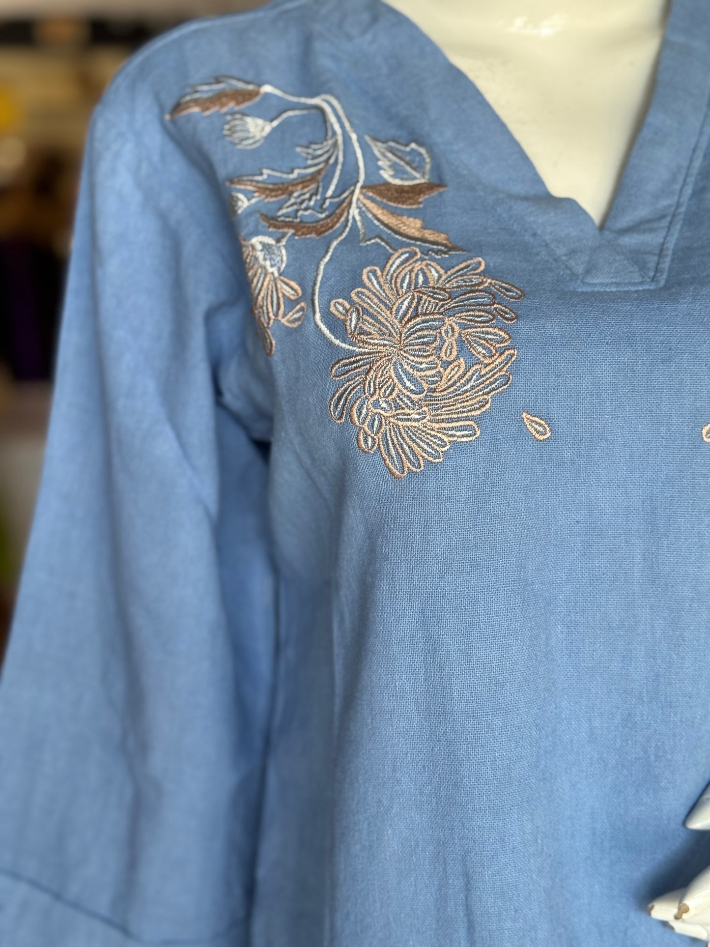 Pastel blue embroidered flex cotton top for women