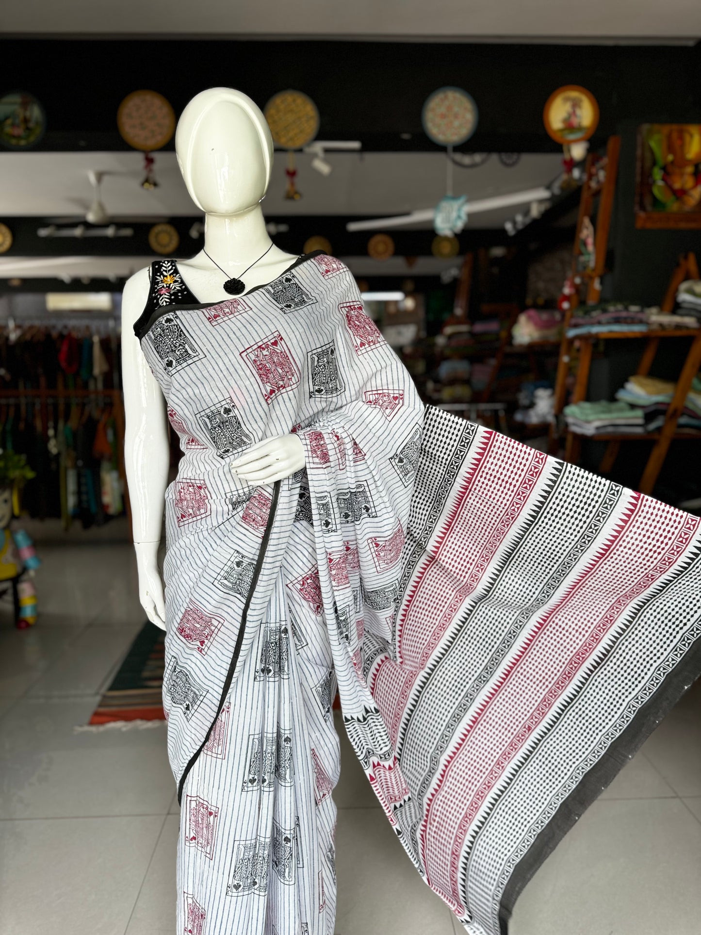 Taash king and queen - quirky cards hand block printed cotton saree