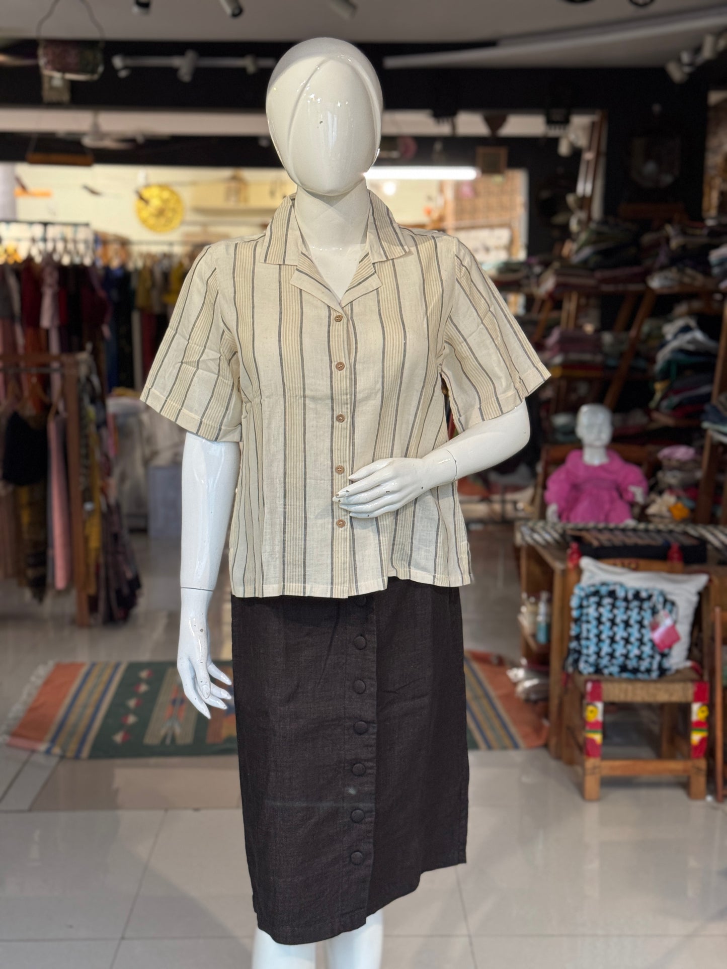 Grey Beige stripes on cream soft handwoven cotton collared shirt for women