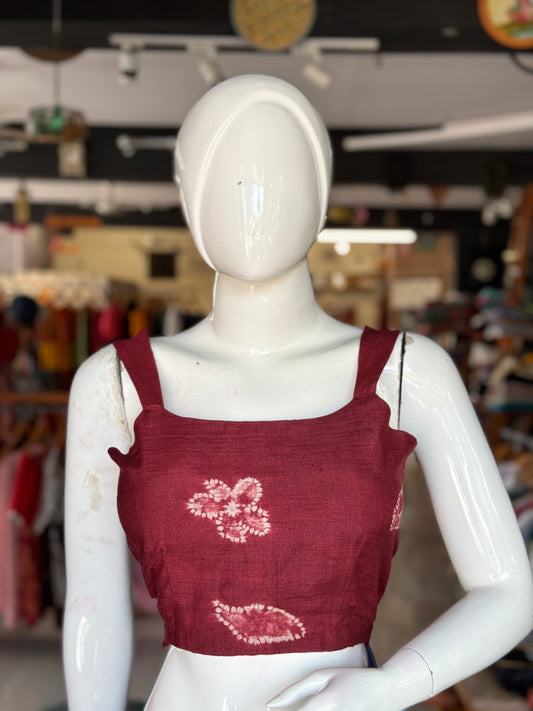 Maroon needle tie n dye shibori silk blouse with strap sleeves