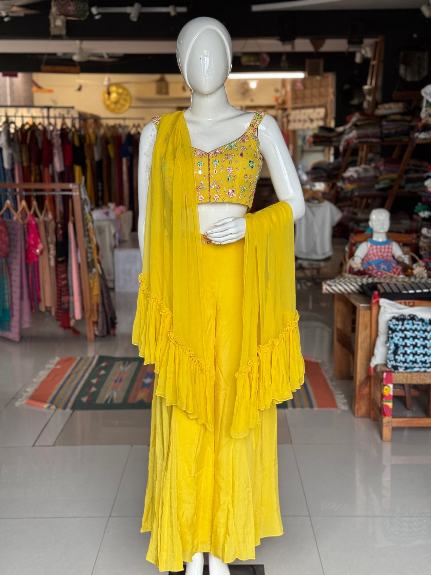 Yellow hand embroidered georgette blouse top, satin plazo and georgette ruffles dupatta - 3 piece set
