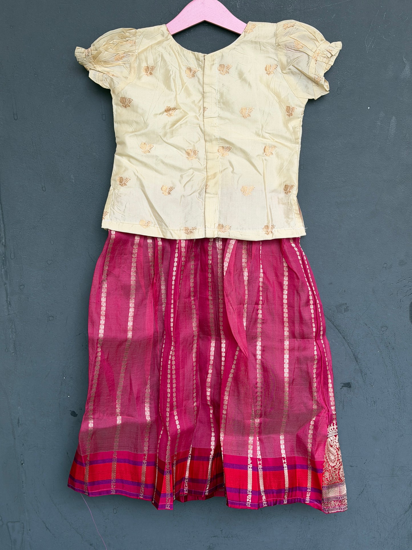 Pink with Zari stripes and cream blouse handwoven pure silk lehenga (pattu langa jacket) blouse set