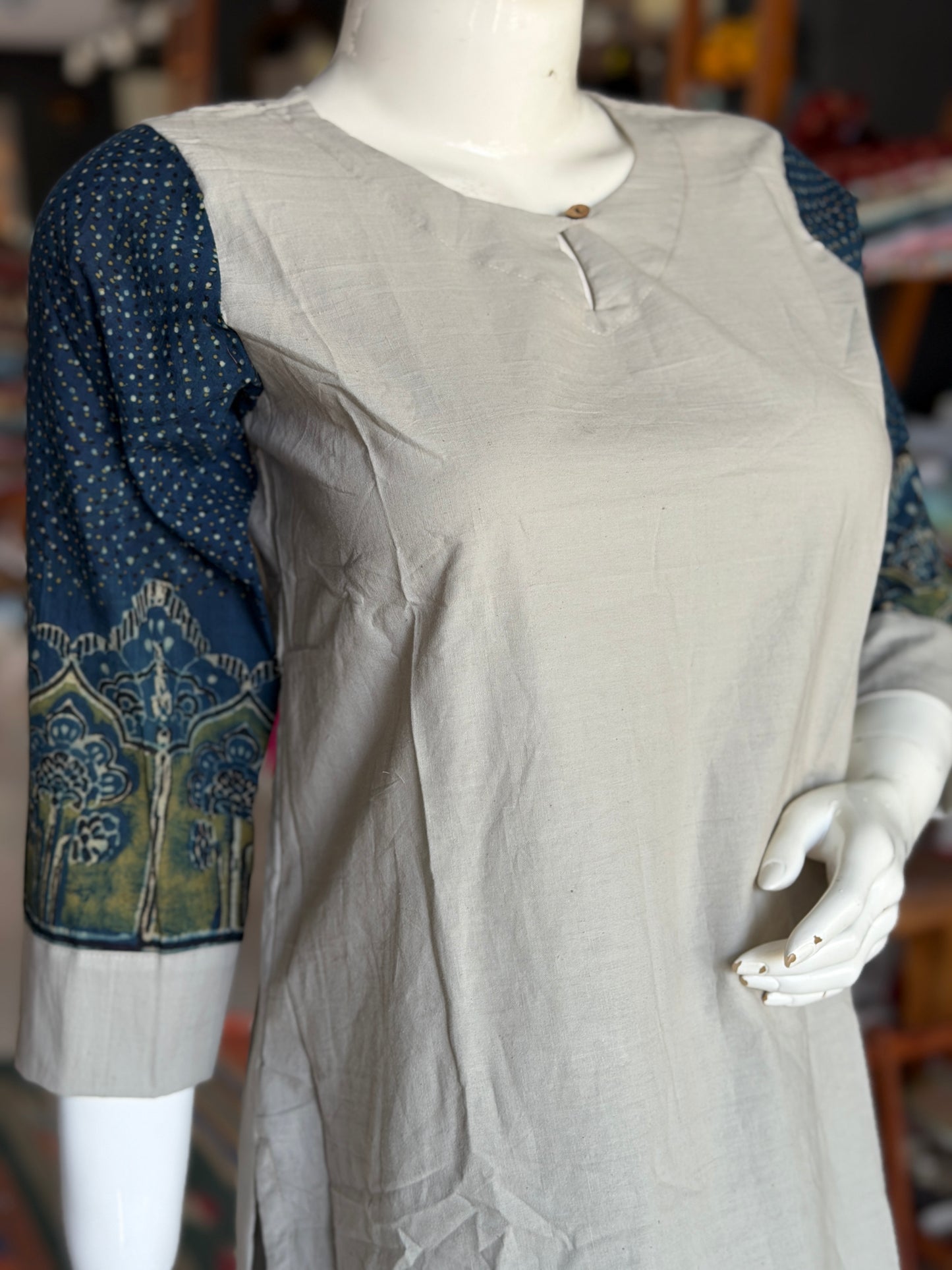 Grey cotton kurta and pants coord set with indigo Ajrakh sleeves