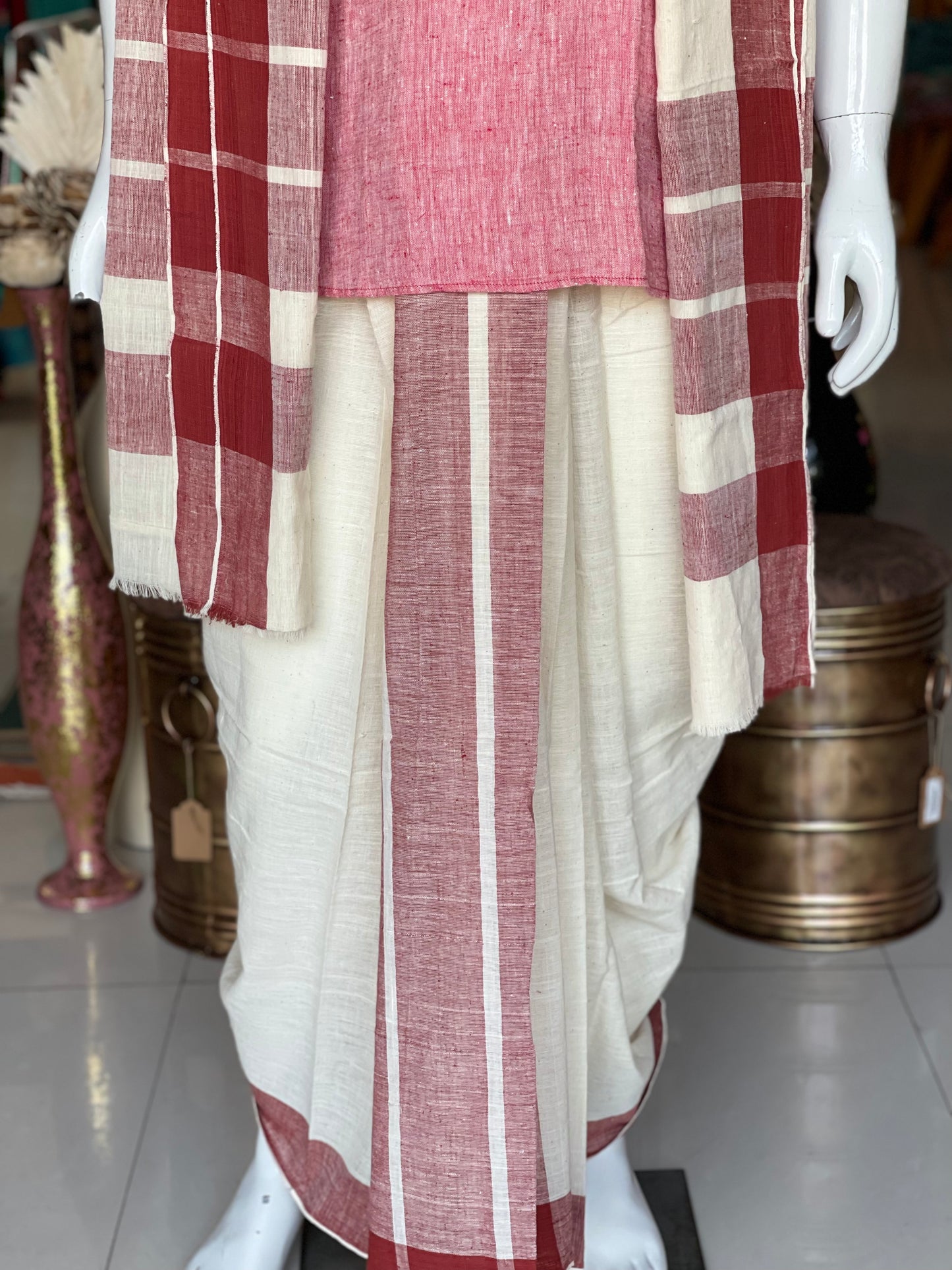 Offwhite hand spun, hand woven, natural dyed cotton pancha kanduva set (dhoti + angavastram)