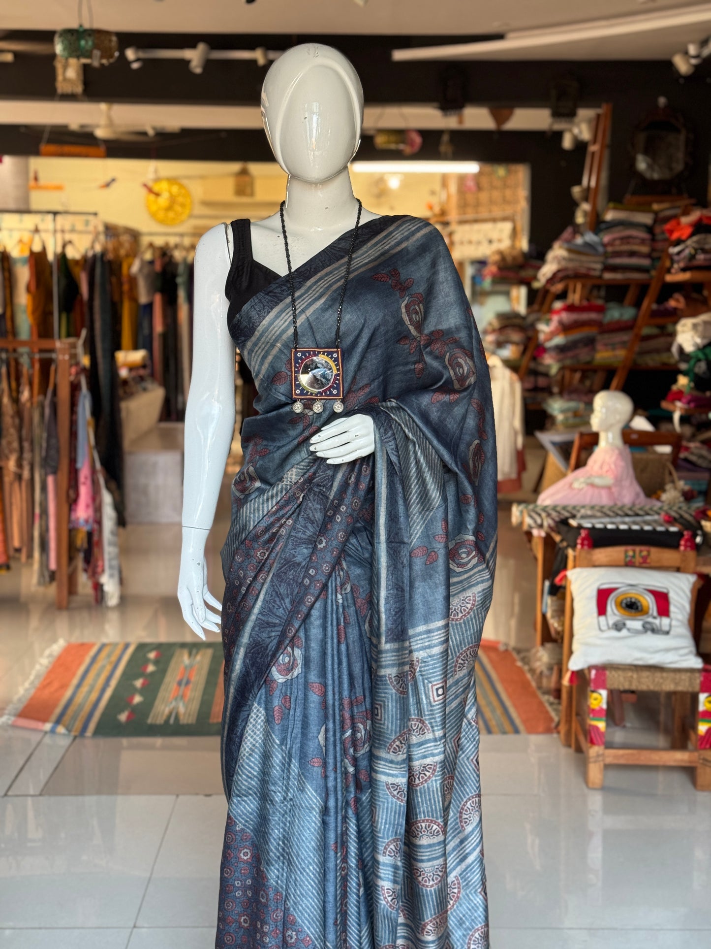 Indigo pure tussar silk handwoven saree with Ajrakh hand block prints