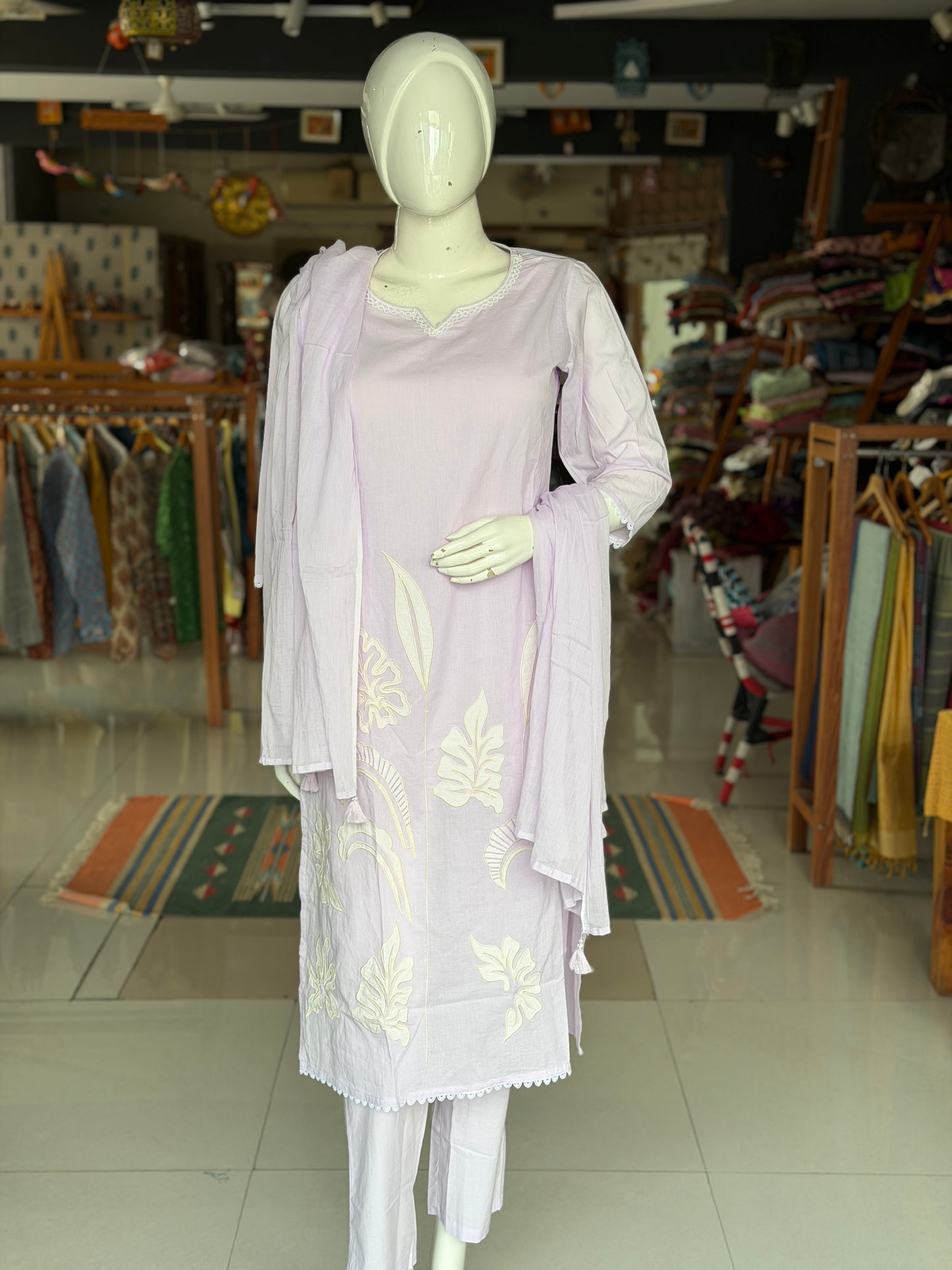 Lilac embroidered straight kurti, pants and dupatta - 3 piece set