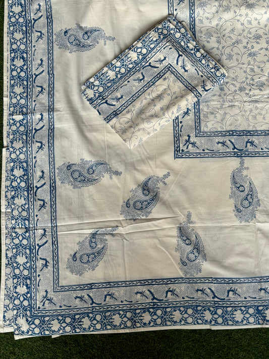 Blue floral print (brass hand block prints) on white base pure cotton super king size bedsheet