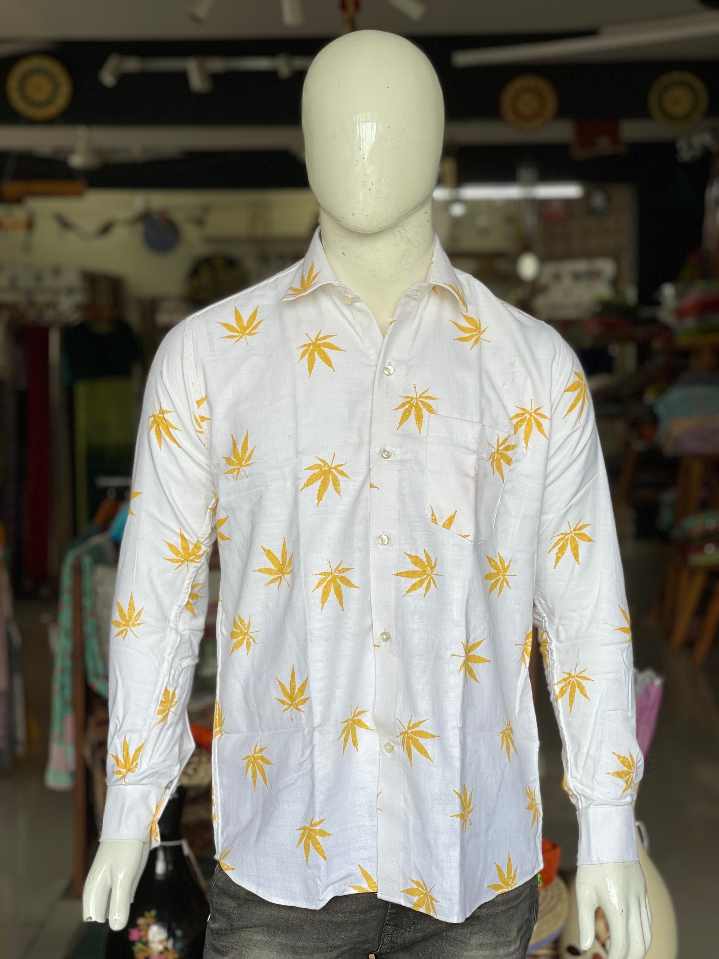 White twill weave handloom cotton shirt with yellow leaf hand block print