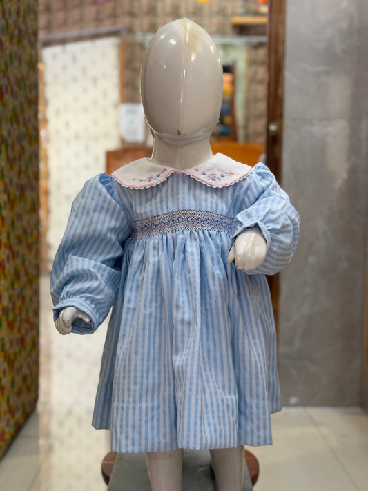 Blue stripes Peter Pan collared smocking cotton baby frock with cute embroidery
