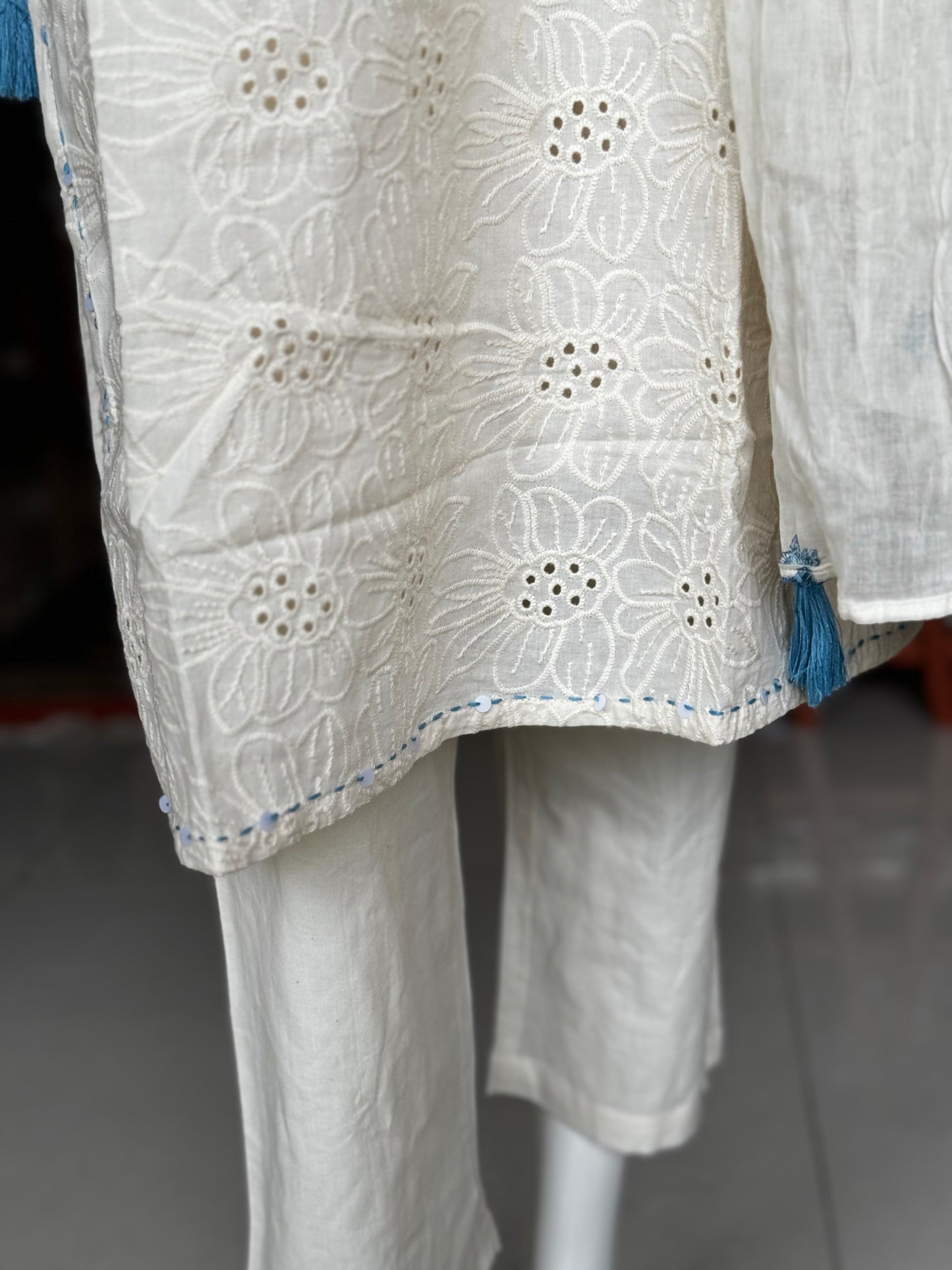 Off white schiffli embroidered Kurti, pants and dupatta - 3 piece set