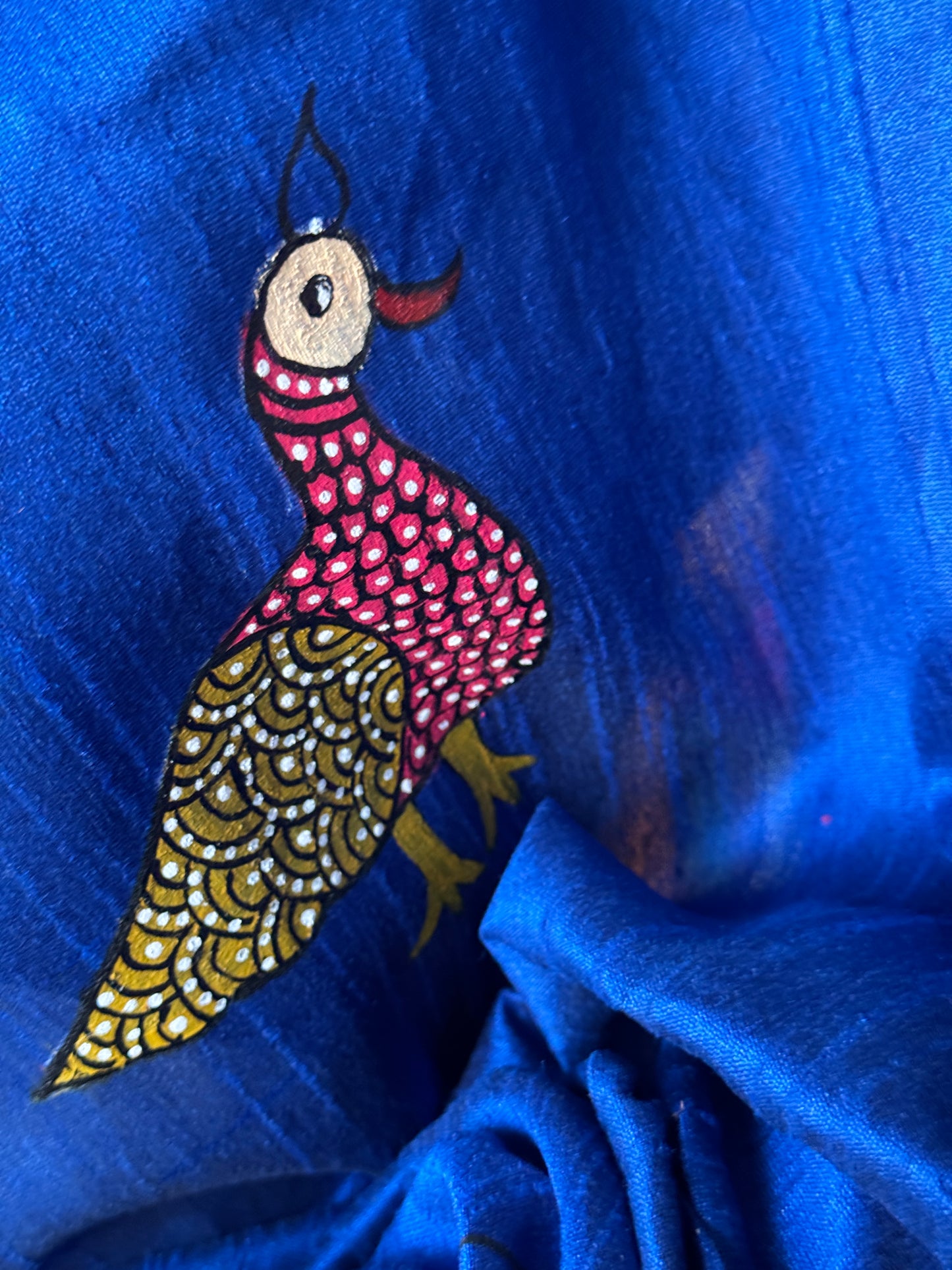 Royal blue Gond hand painted, hand woven raw silk saree