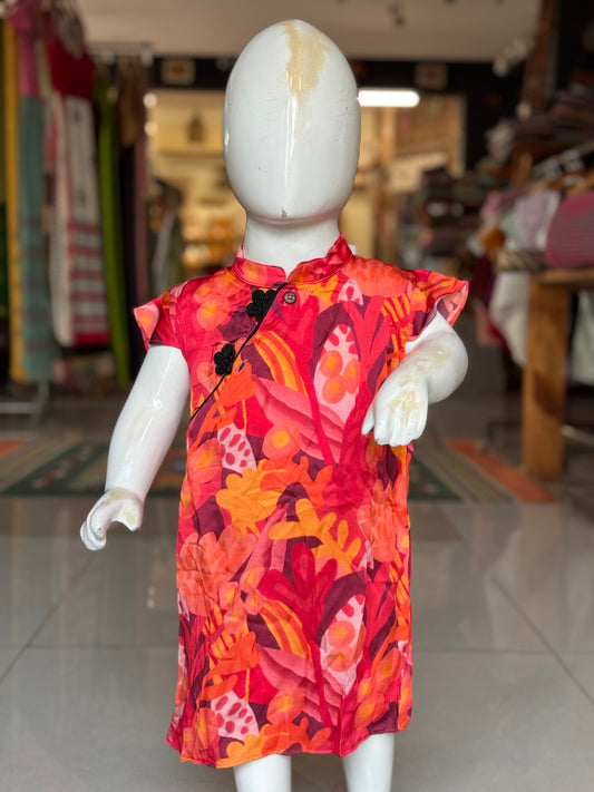 Red n orange floral prints cross button style dress for girls