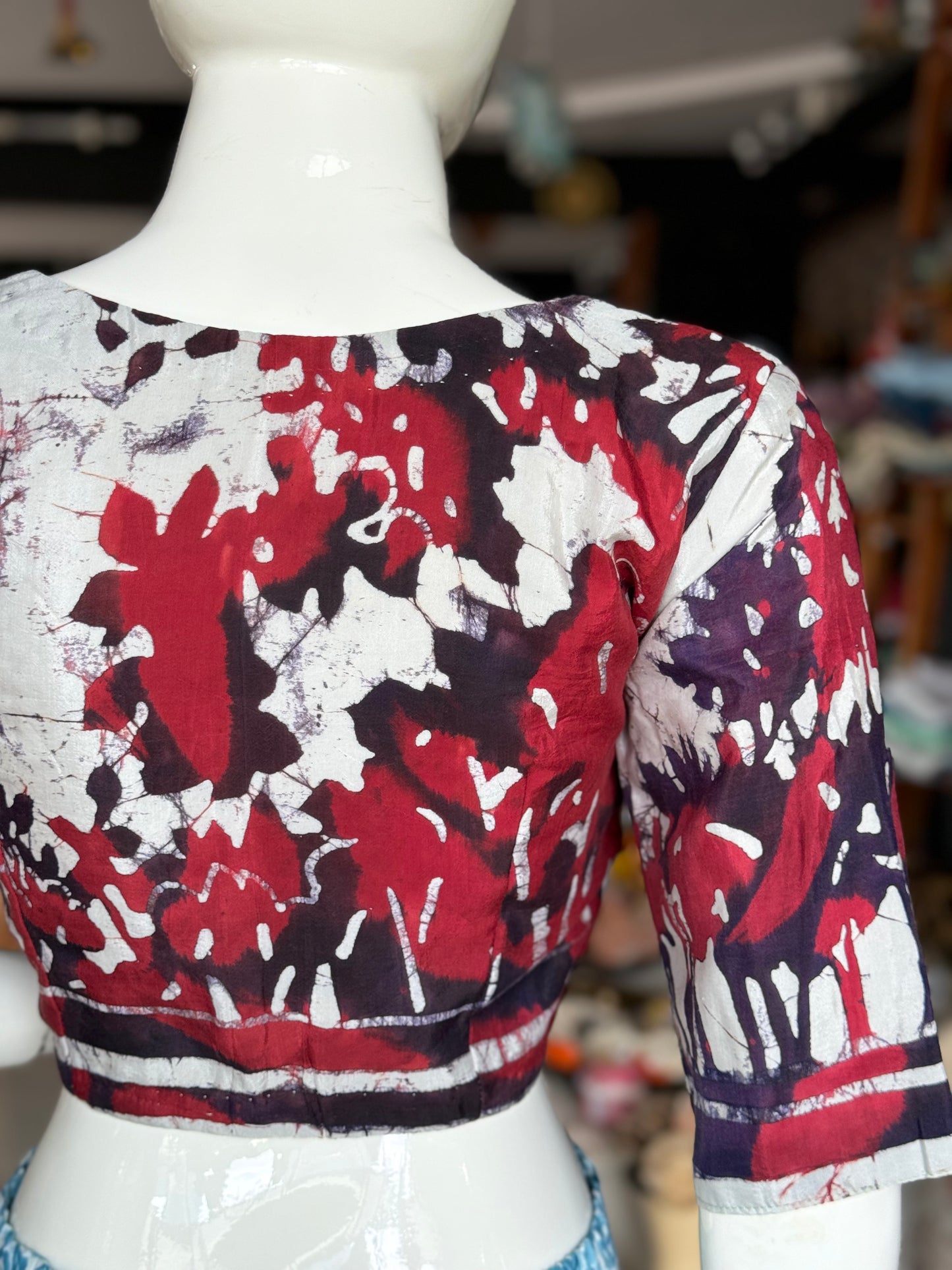 White silk batik front open blouse with lining - red and blue design