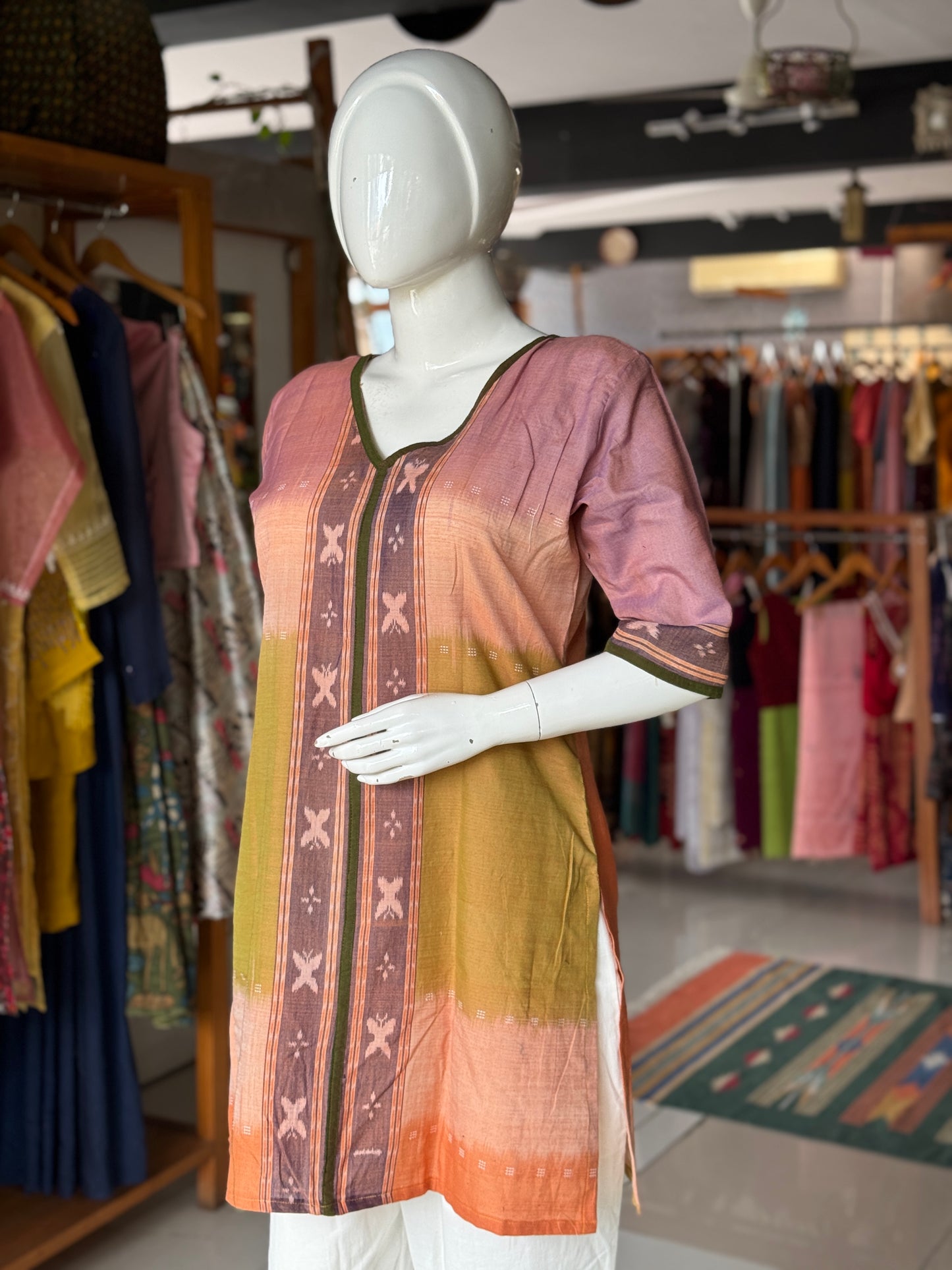 Orange mauve cotton handloom soft ikat kurti with butterflies border