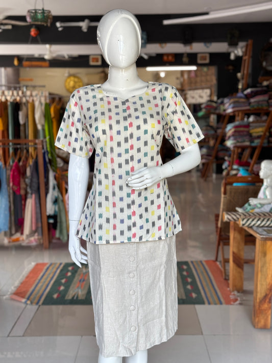 Ikat off white cotton handloom top with colorful rectangle design
