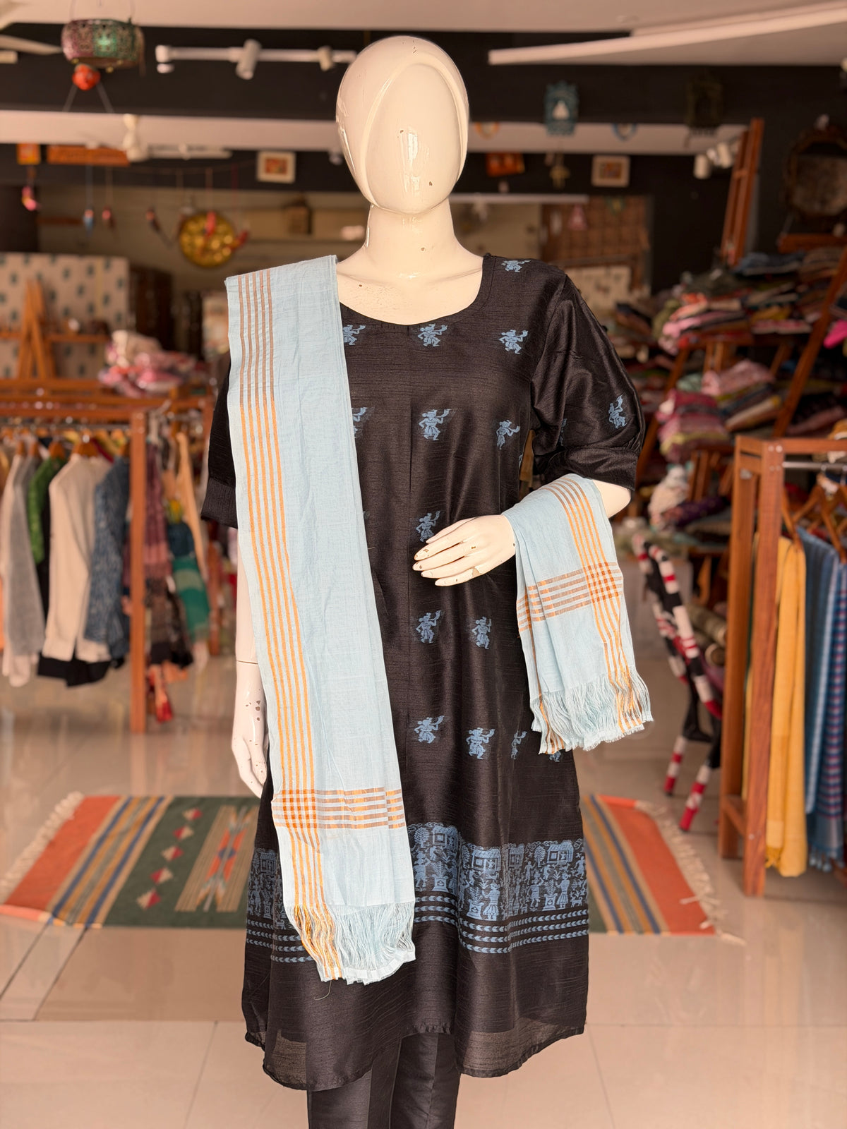 Black hand woven raw silk a-line kurti dress with blue tribal motifs