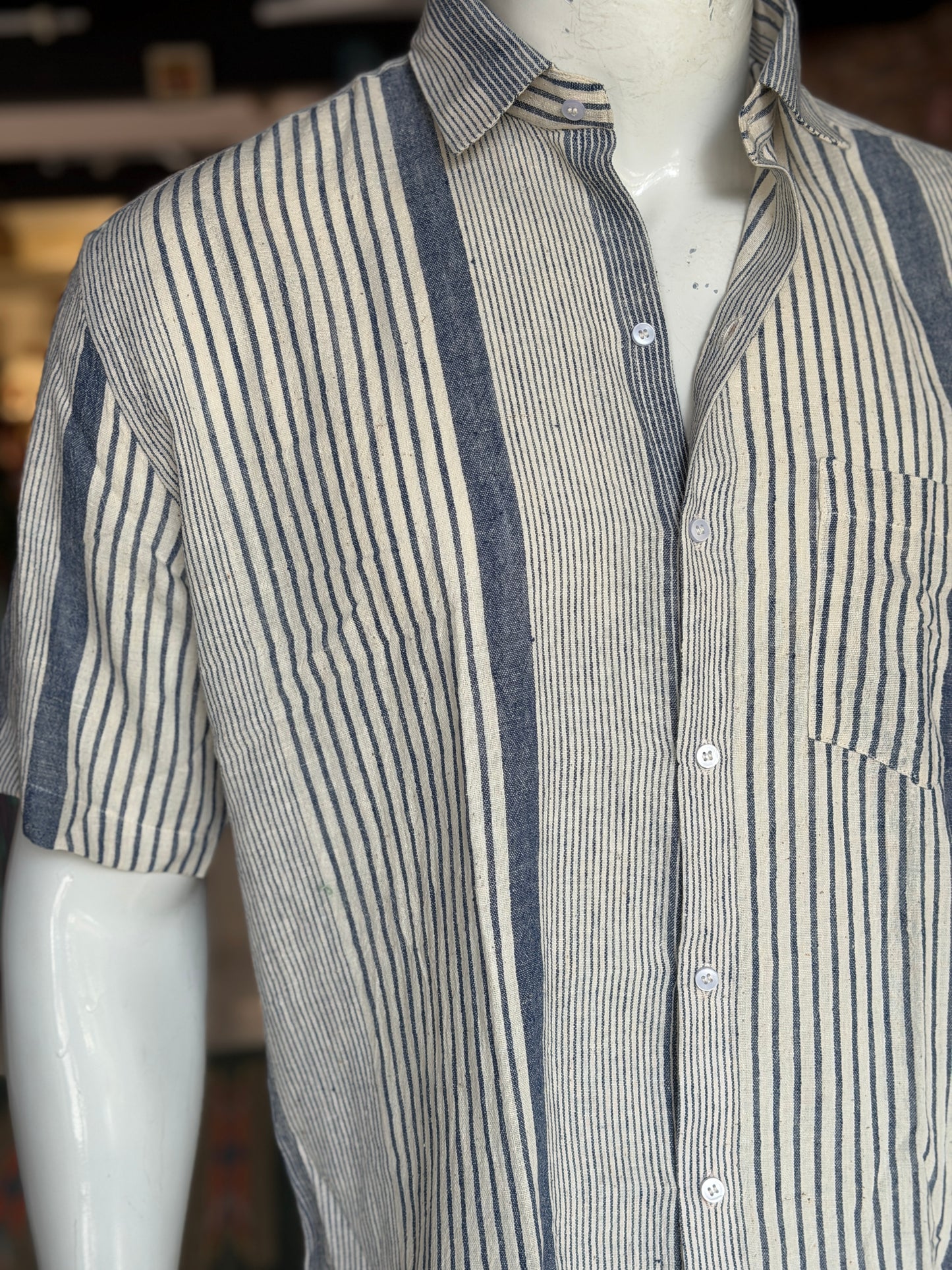 Indigo stripes handwoven kala cotton half sleeves shirt for men - click to see sizes available