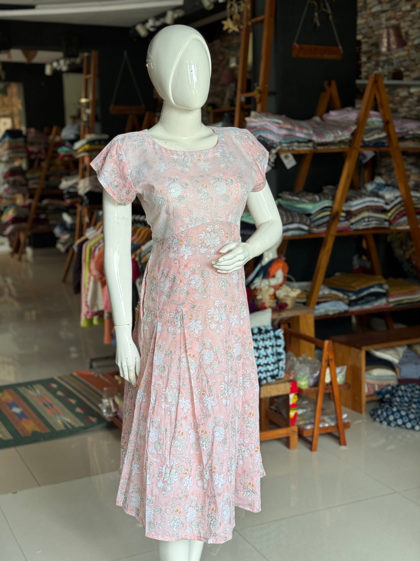 Light pink floral hand block printed soft cotton dress with white kota cotton overlay