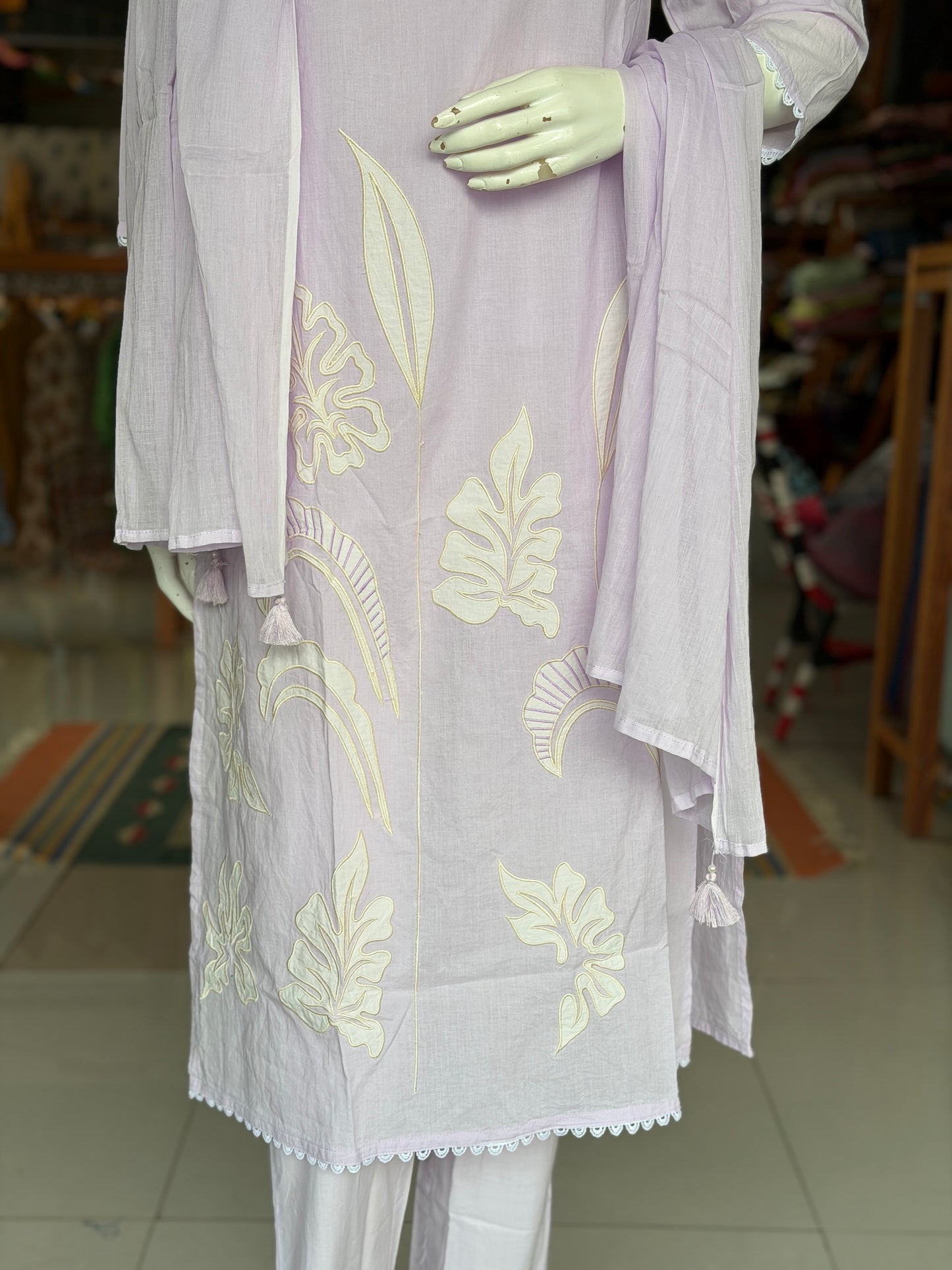 Lilac embroidered straight kurti, pants and dupatta - 3 piece set