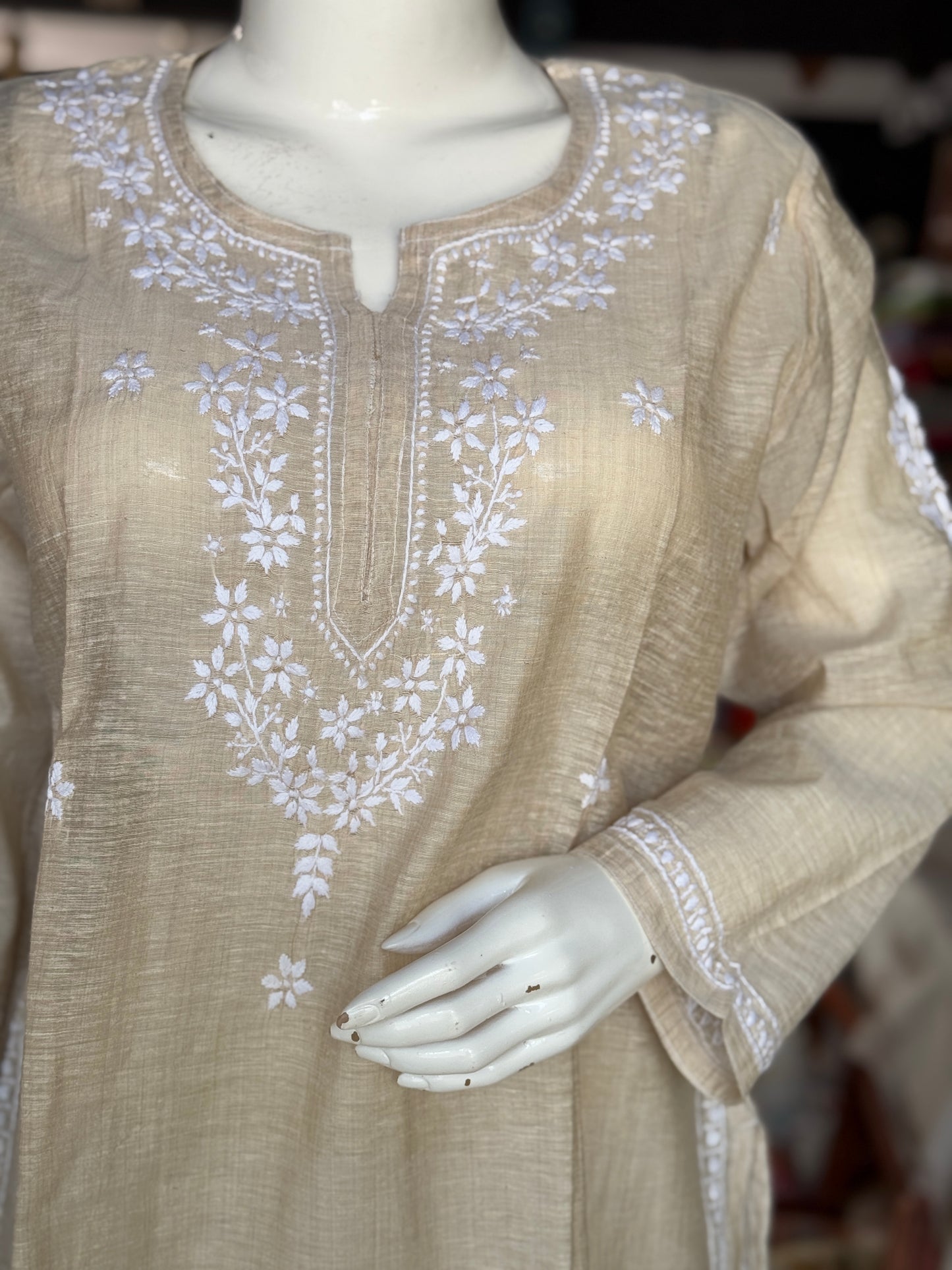 Beige Chikankari hand embroidered cotton short kurta for women