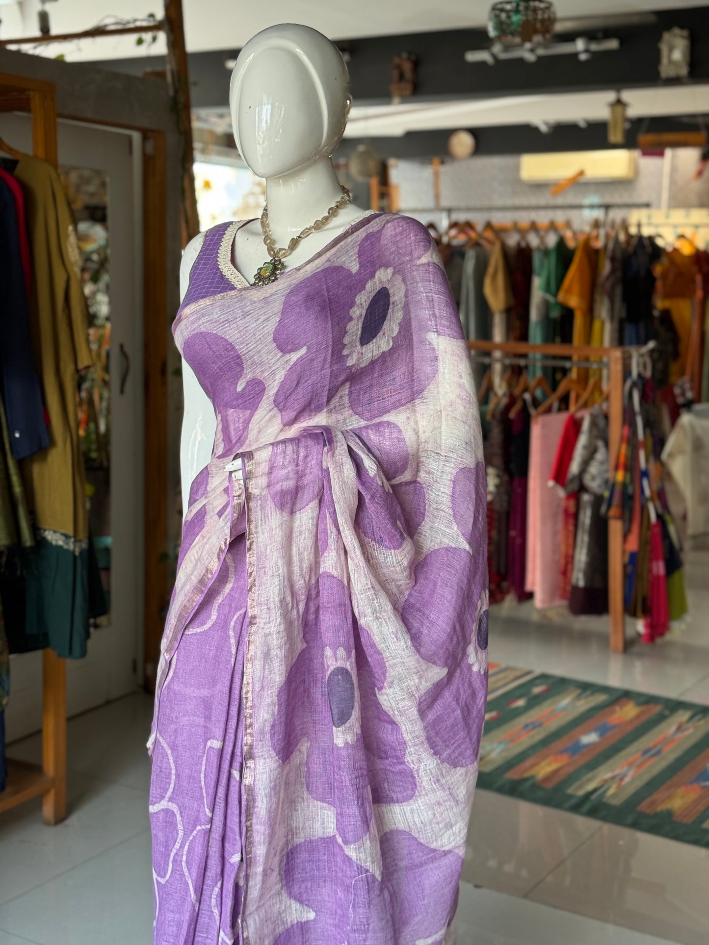 Lavender flowers hand painted linen saree