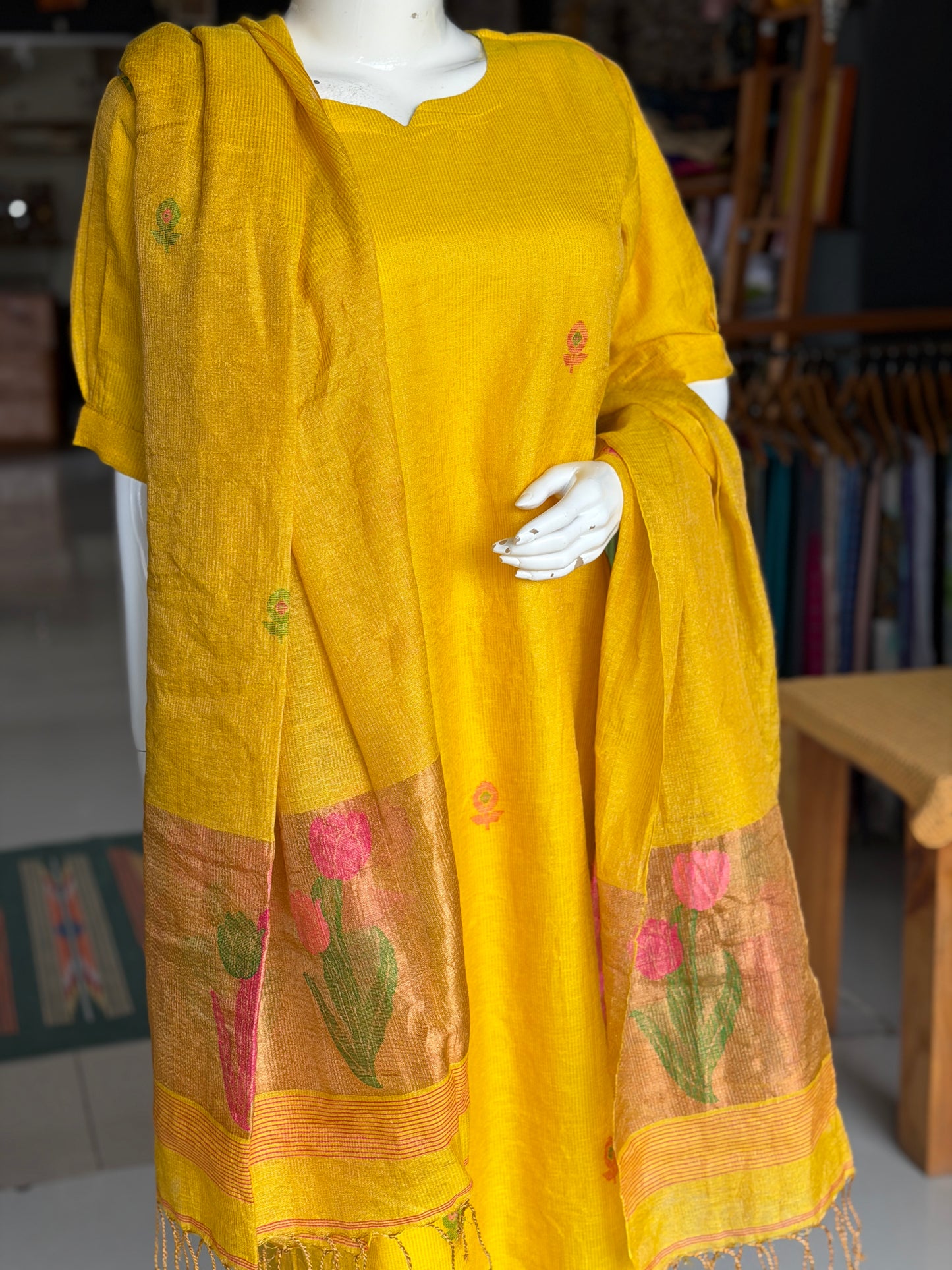 Yellow silk tissue linen handwoven Jamdani - kurti n dupatta 2 piece set
