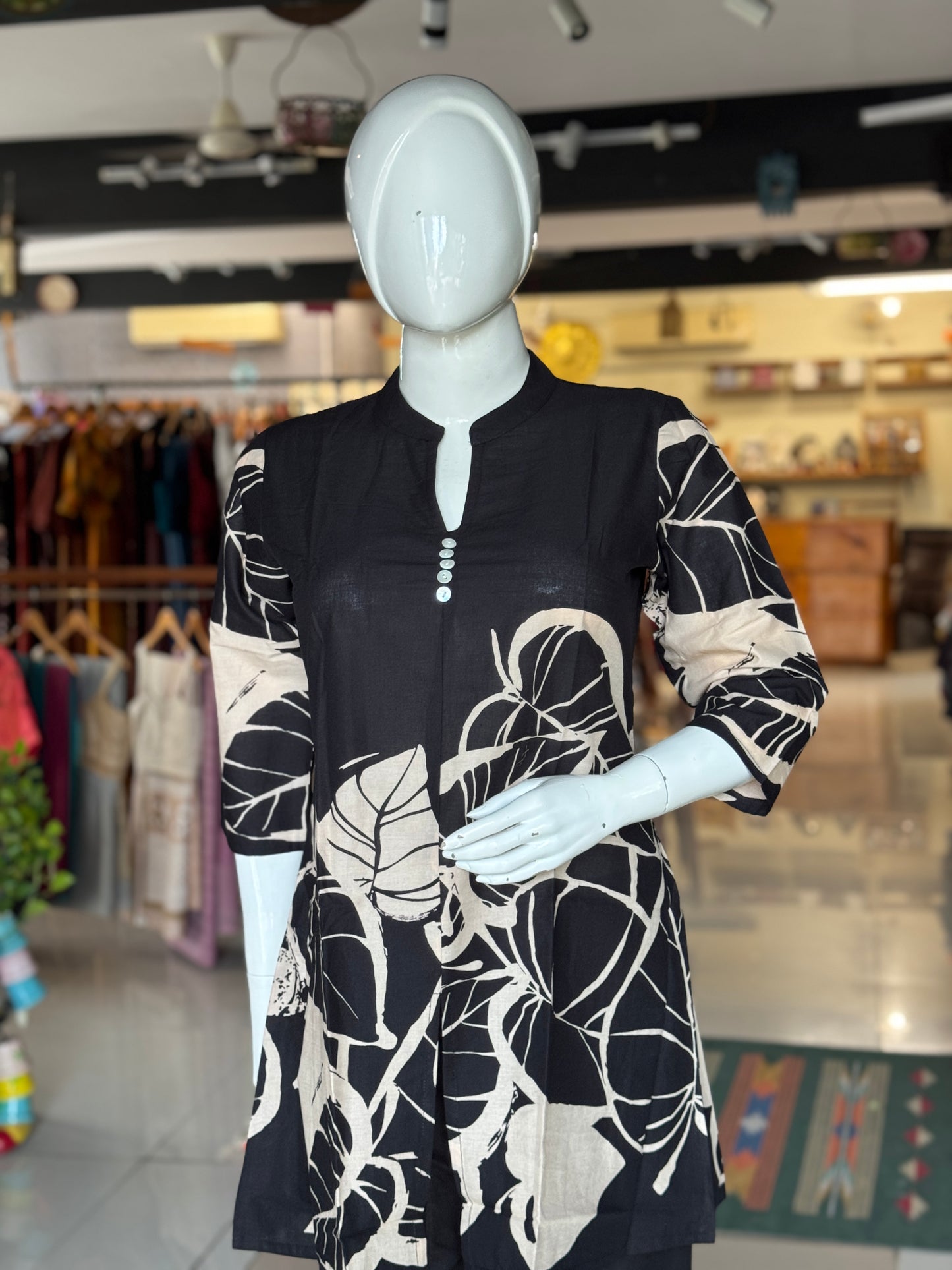 Black with leaves print band collared cotton top with long sleeves and pants - coord set