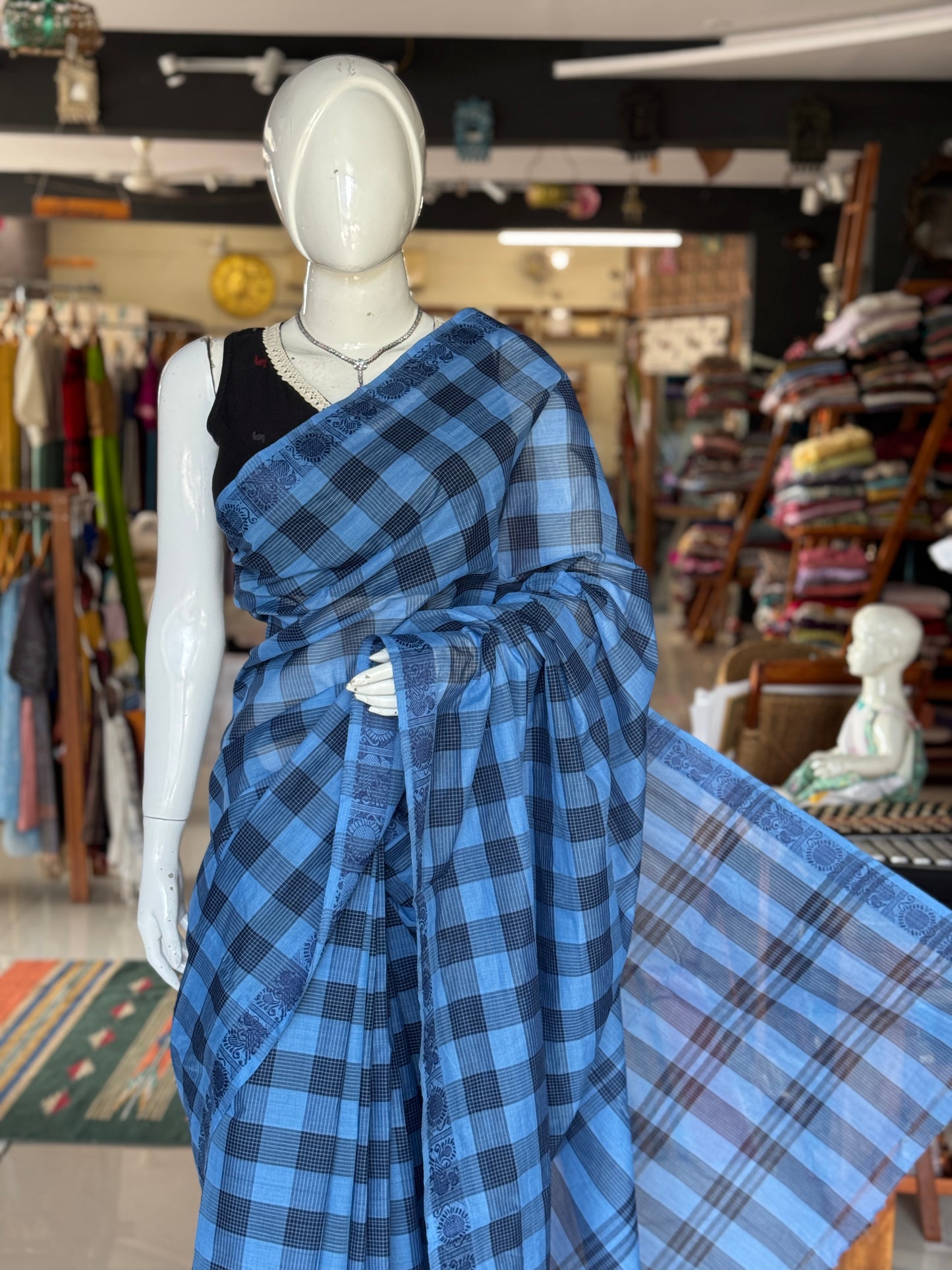 Shades of blue checks Chettinad cotton handloom saree