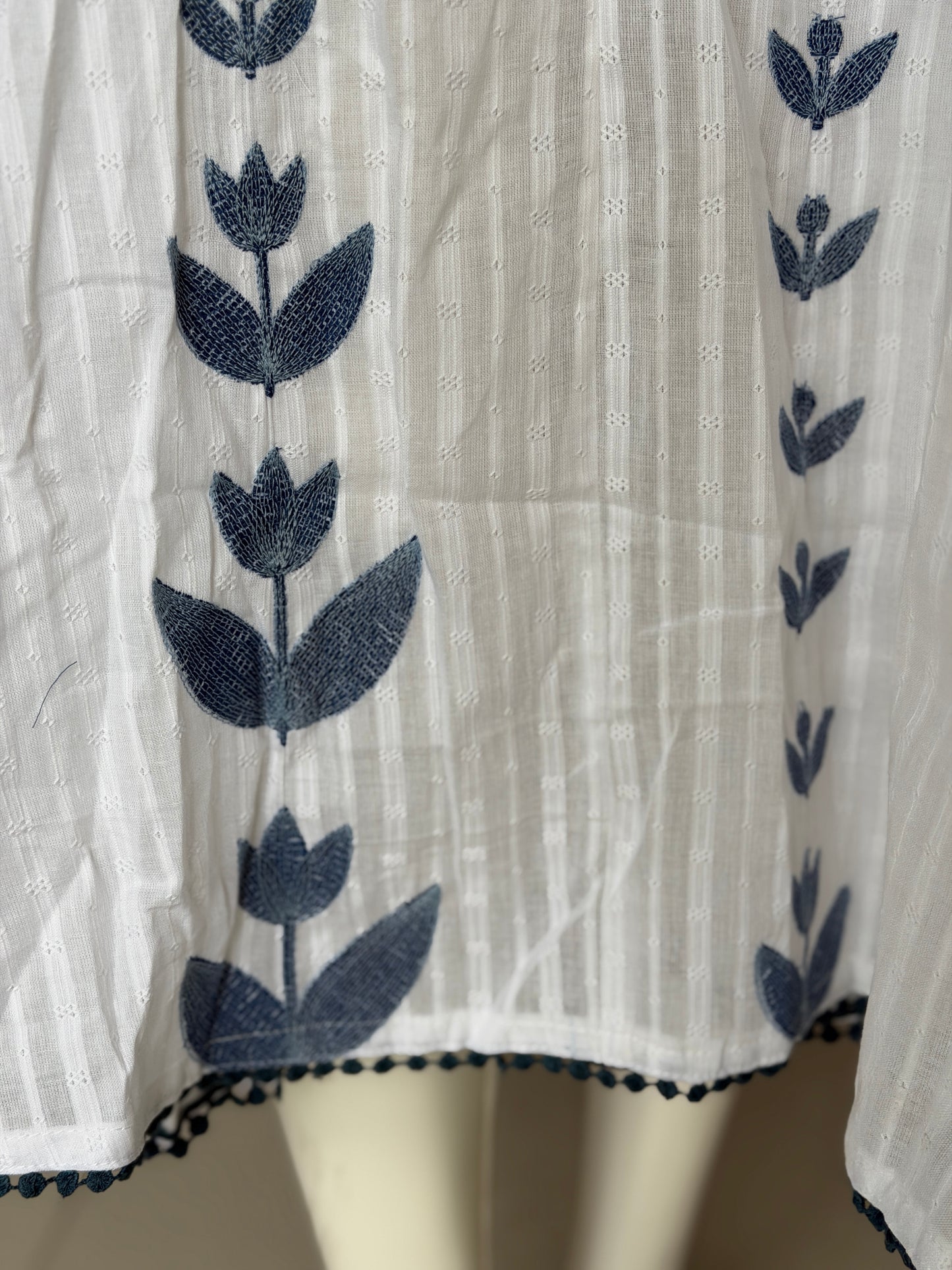 White and blue embroidered cotton dress with self stripes