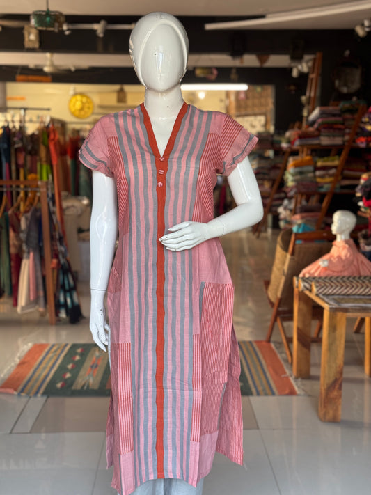 Pink and blue stripes hand spun, hand woven, hand block printed cotton kurti