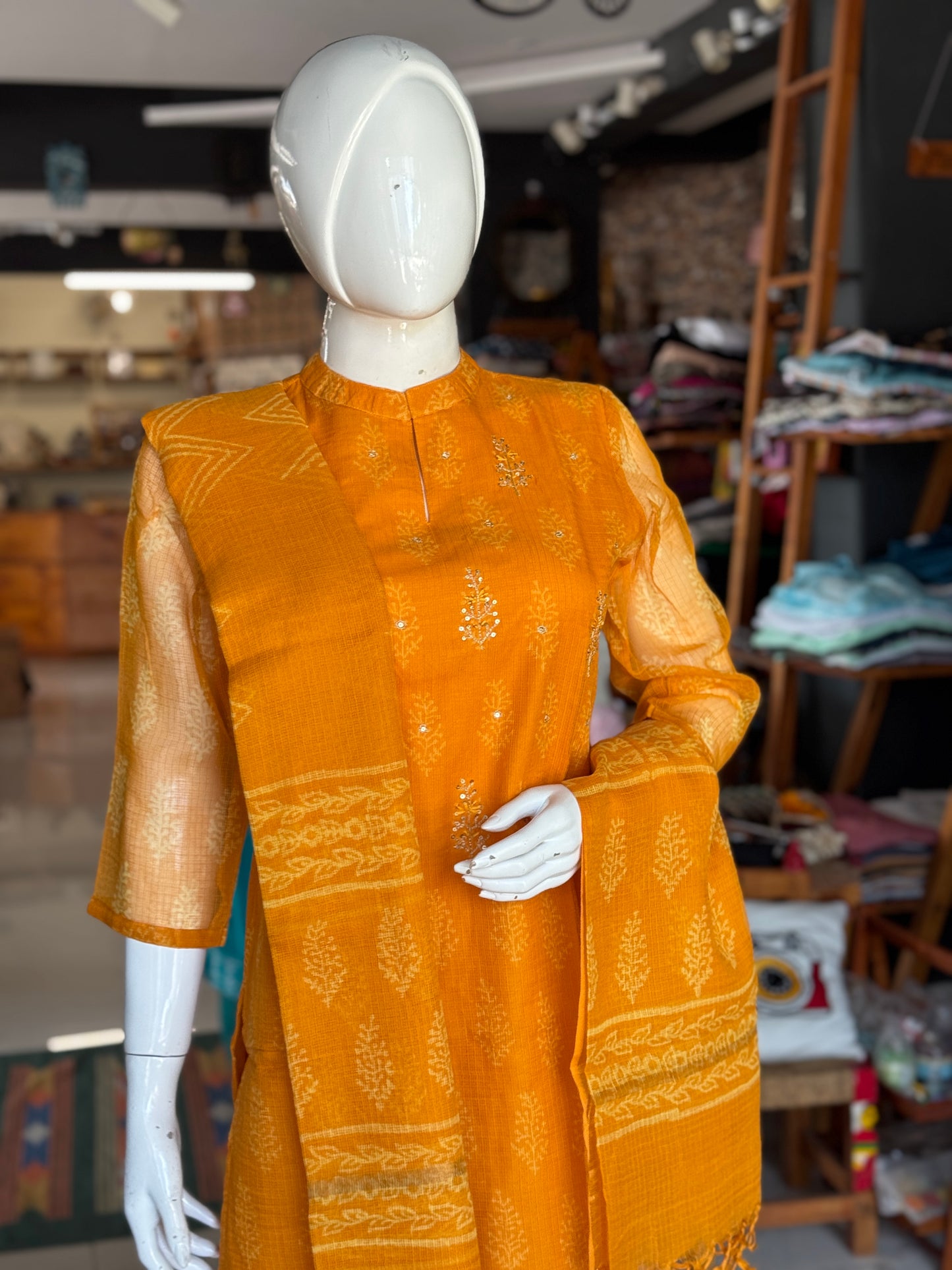 Mango yellow hand block printed kota cotton straight kurti, pants and dupatta set - with hand embroidery