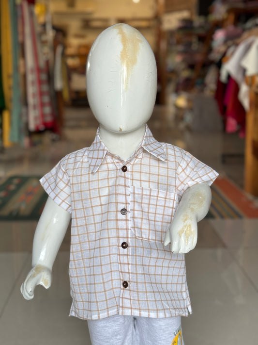 White n brown checks handloom cotton shirt for boys