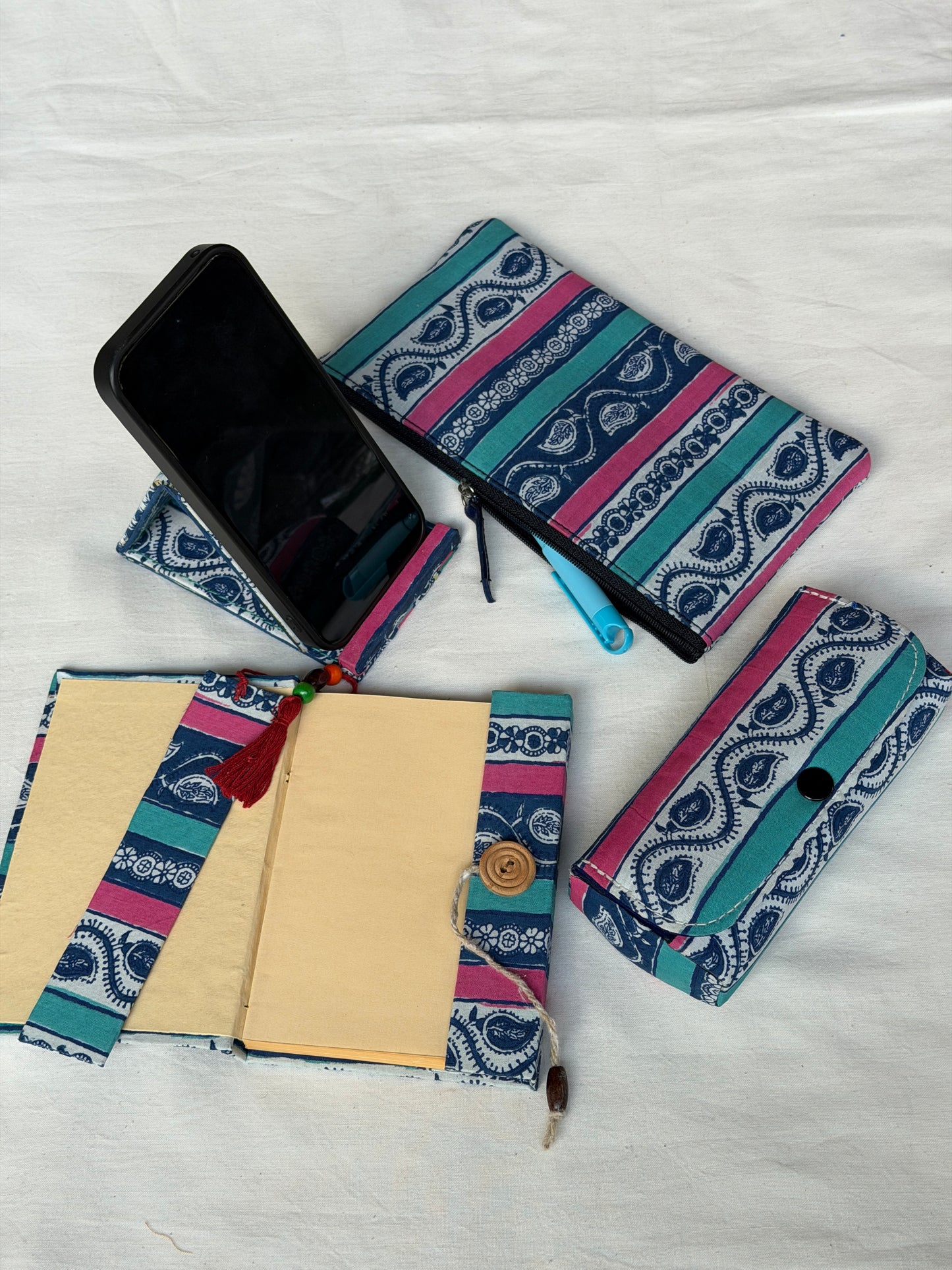Gift set - small fabric covered notebook, bookmark, mobile phone holder, utility zippered pouch, spects / goggles case - handcrafted 5 piece gift set