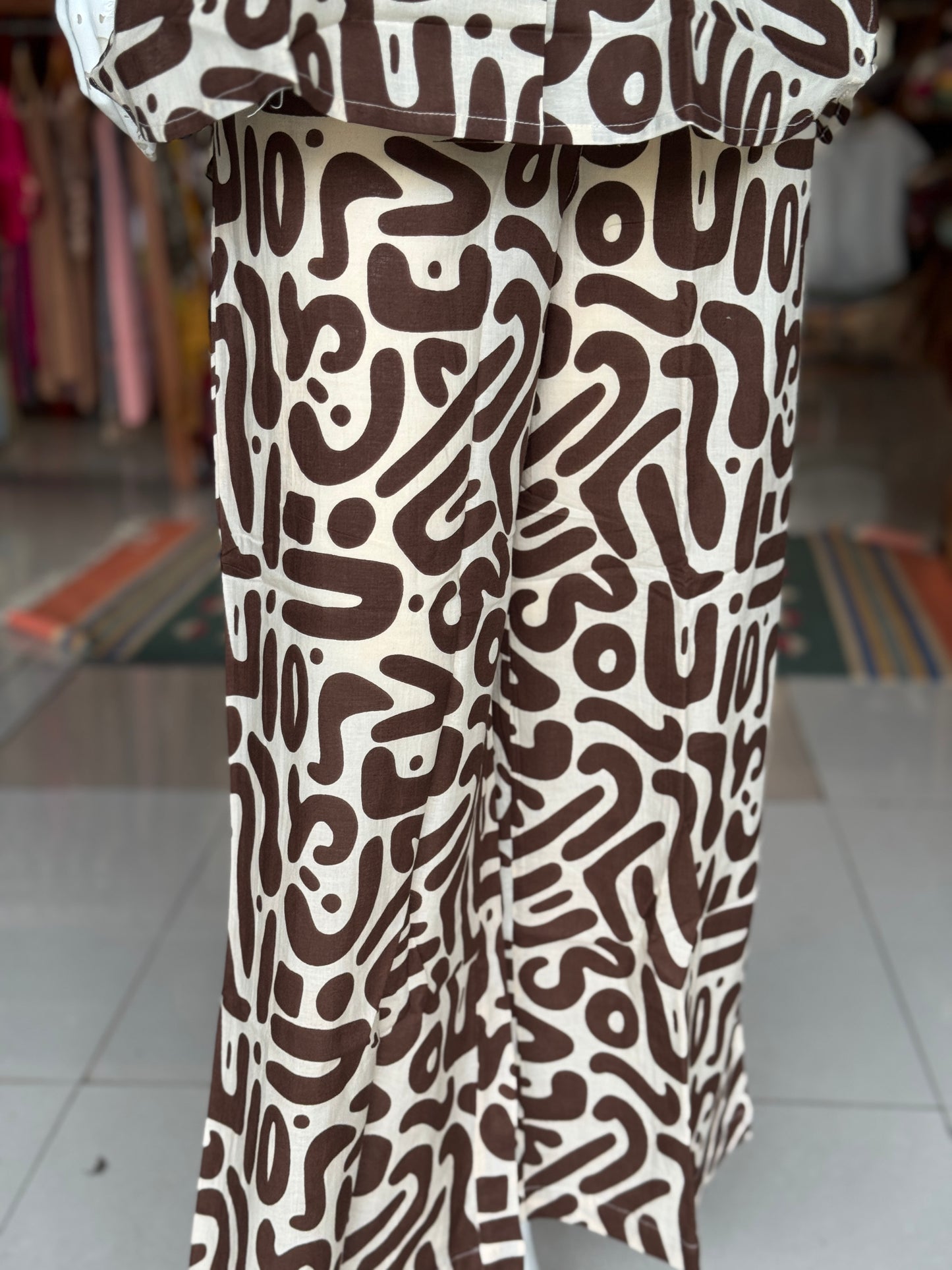Cream and brown printed cotton 2 piece lounge wear / coord set