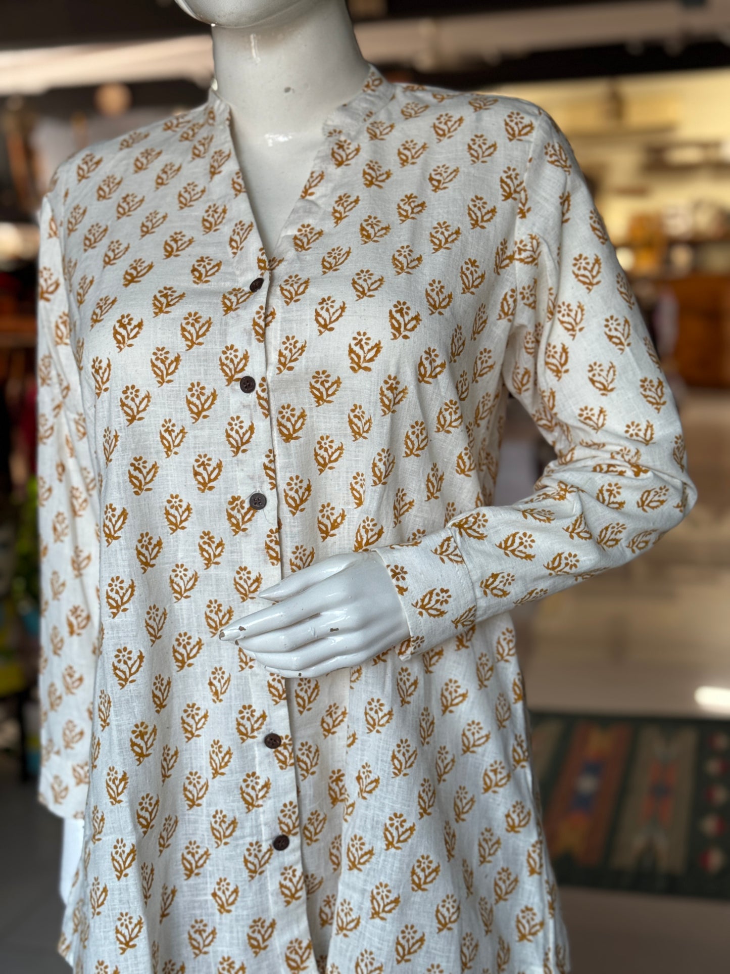 Off white floral Chinese collared top with V-neckline - hand block printed, Hand spun, hand woven cotton