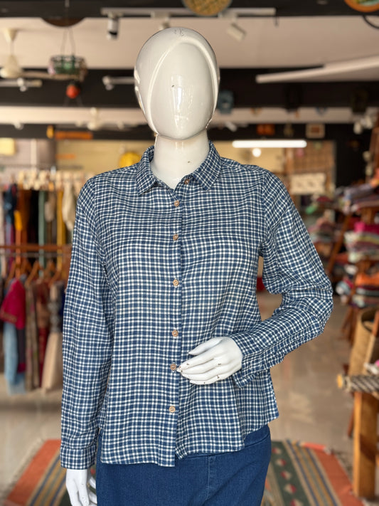 Indigo checkered collared shirt for women in handwoven cotton