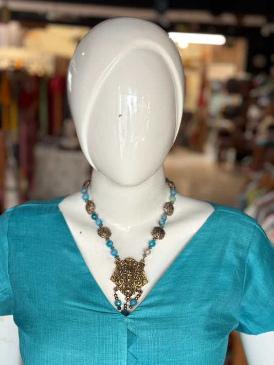 Vintage look Ganesha pendant with blue beads - neckpiece earrings set
