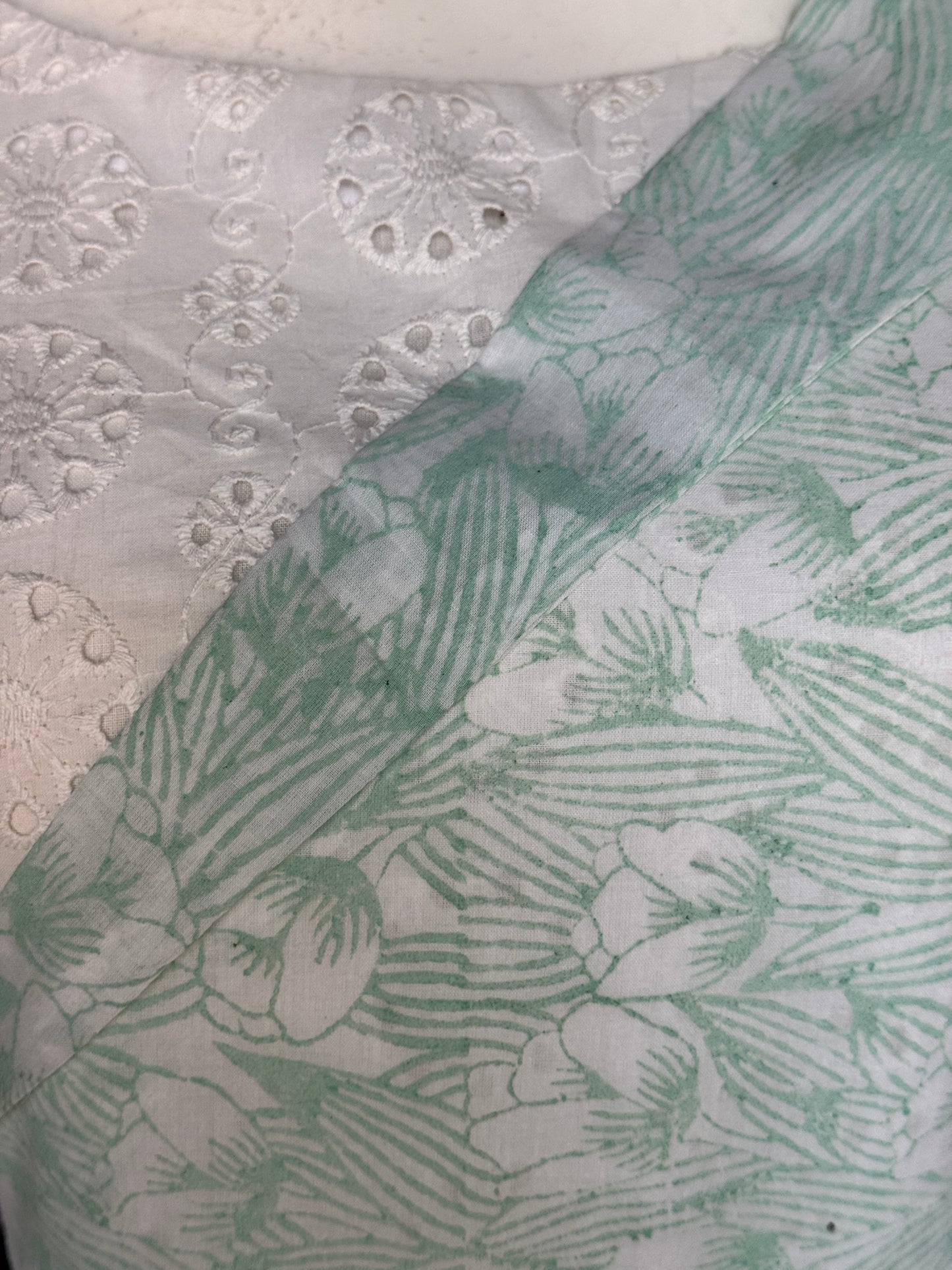 Light green floral hand block printed cotton dress with hakoba yoke