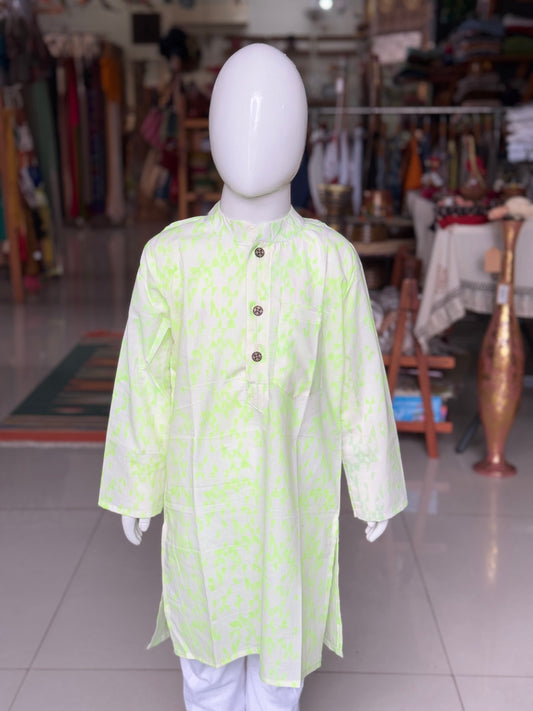 Fluorescent Green hand block printed cotton long kurta for boys